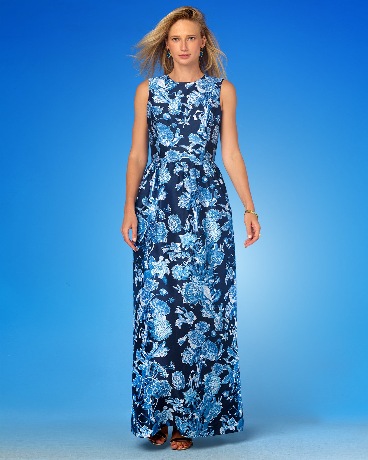 Elodie Long Dress in Camille Navy and White Floral Toile front full view