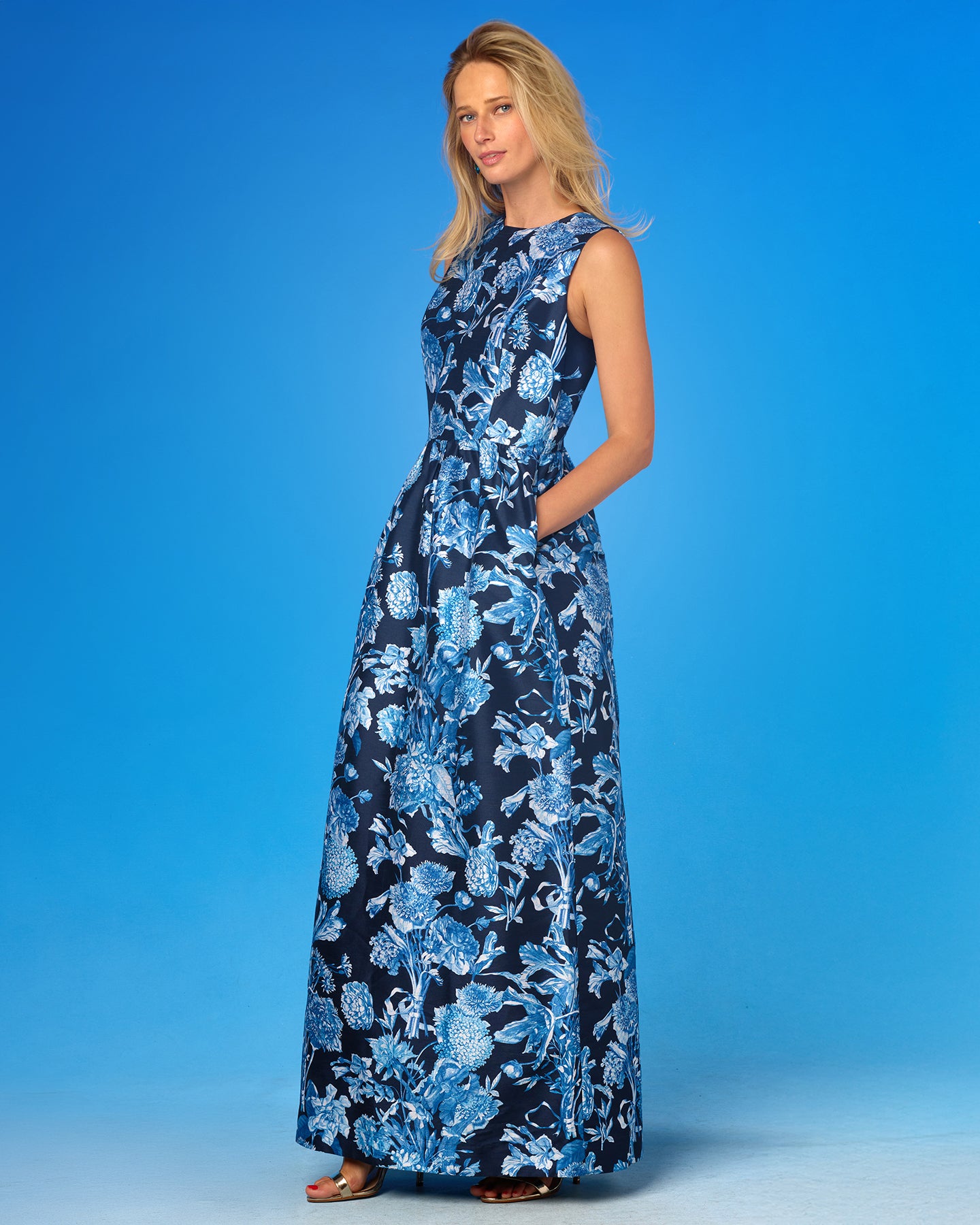 Elodie Gown in Camille Navy and White Floral Toile side view