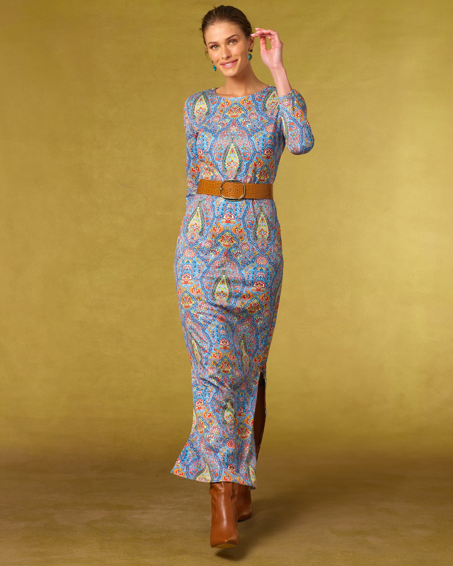 Thornton Wide Leather Belt in Croc-Embossed Honey Tan worn with the Emerson Stretch Long Dress in Kaleidoscope Paisley