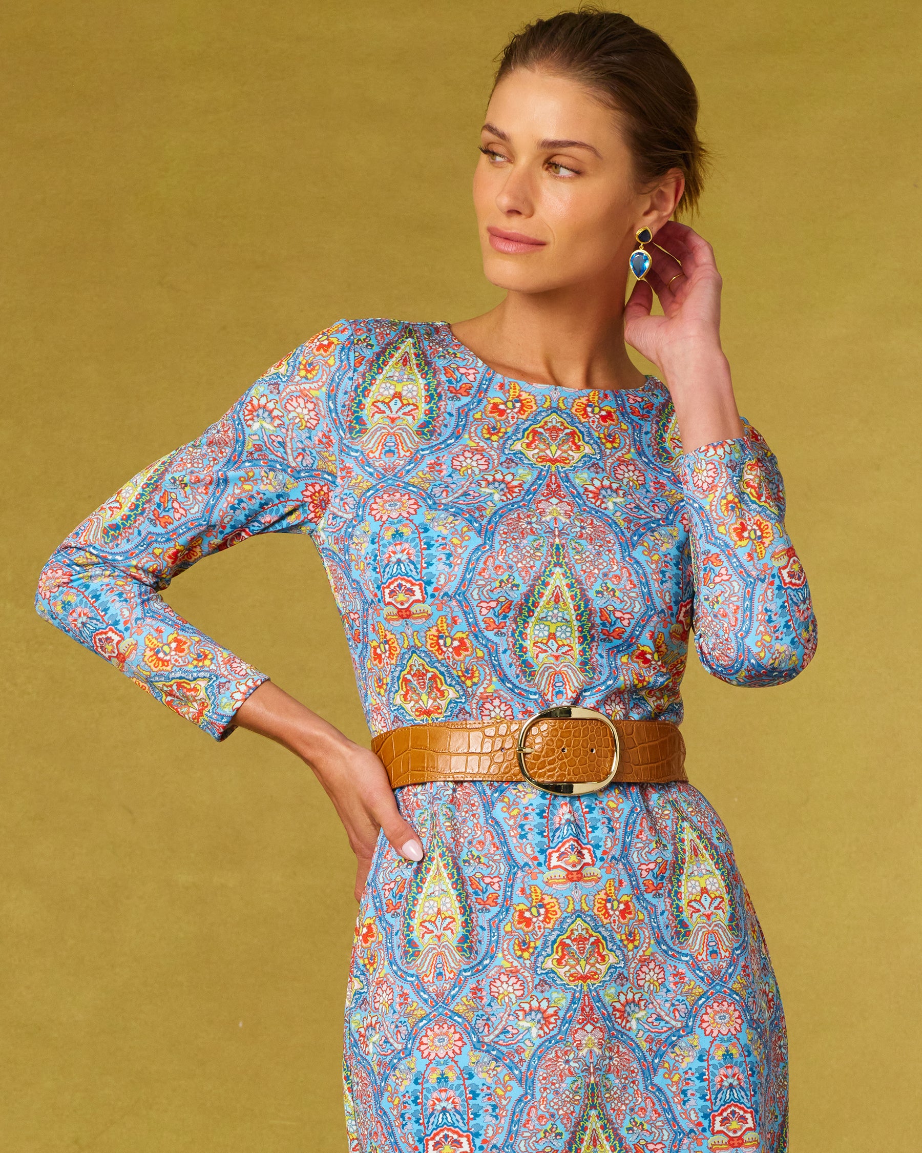 Thornton Wide Leather Belt in Croc-Embossed Honey Tan worn with the Emerson Stretch Long Dress in Kaleidoscope Paisley