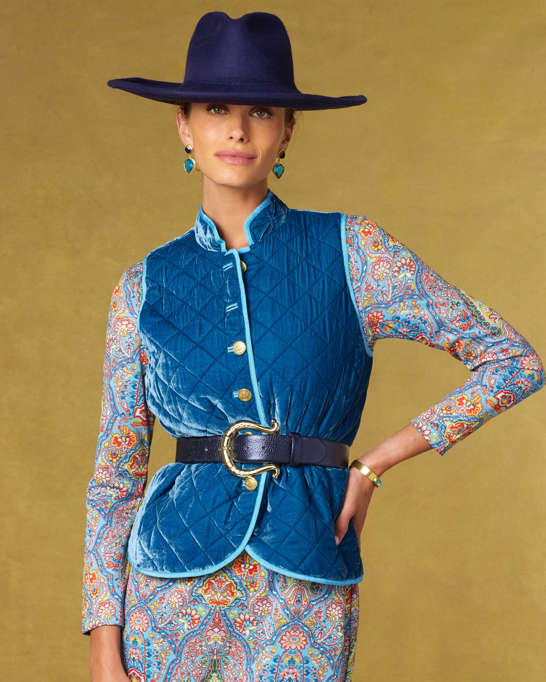 Bentley Quilted Vest in French Blue Silk Blend Velvet