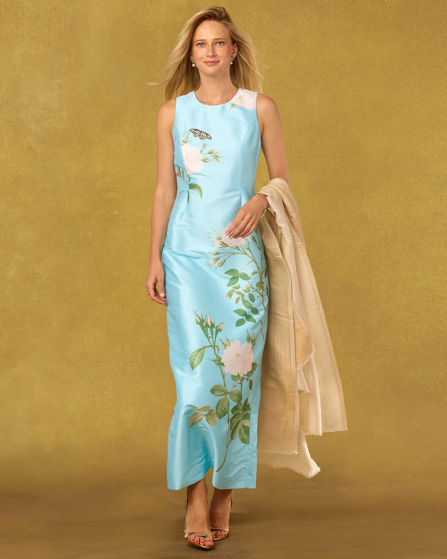 Esme Long Sheath Dress in Celestine Blue English Garden
