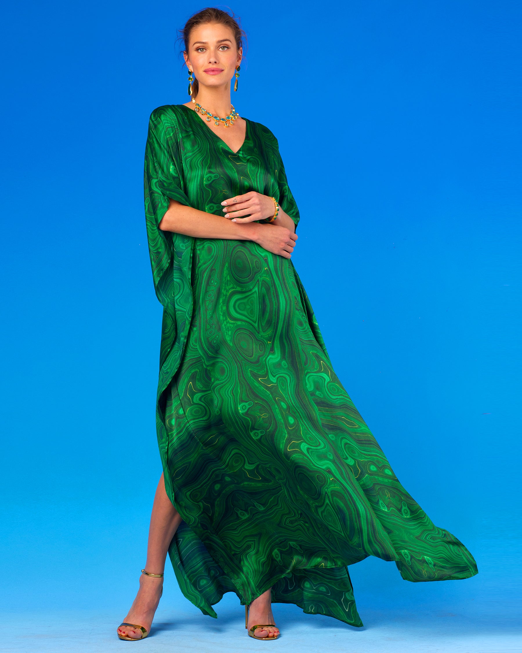 Nicoblu Esmeralda Silk Kaftan in Precious Malachite L Nicoblu Esmeralda Silk Kaftan in Precious Malachite L
