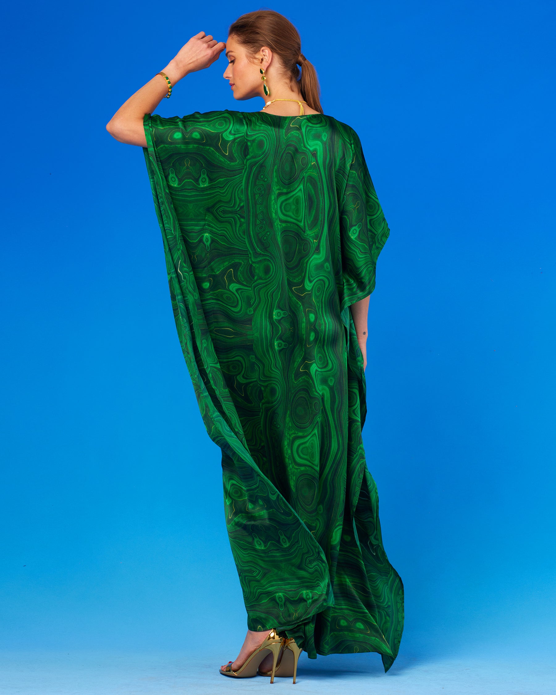 Esmeralda Silk Kaftan in Precious Malachite-Back View