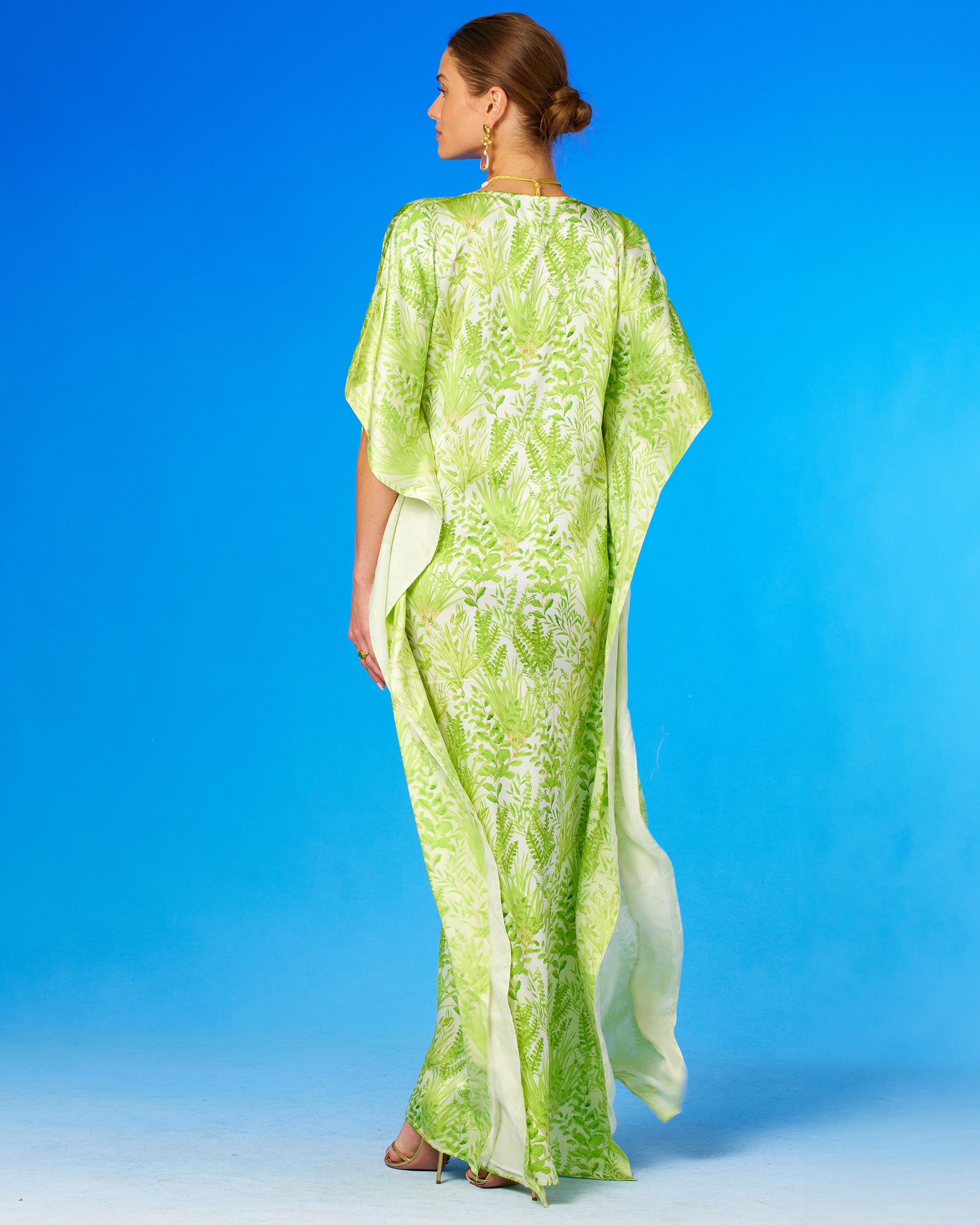 Eve Silk Kaftan in Delicate Greenery-back view