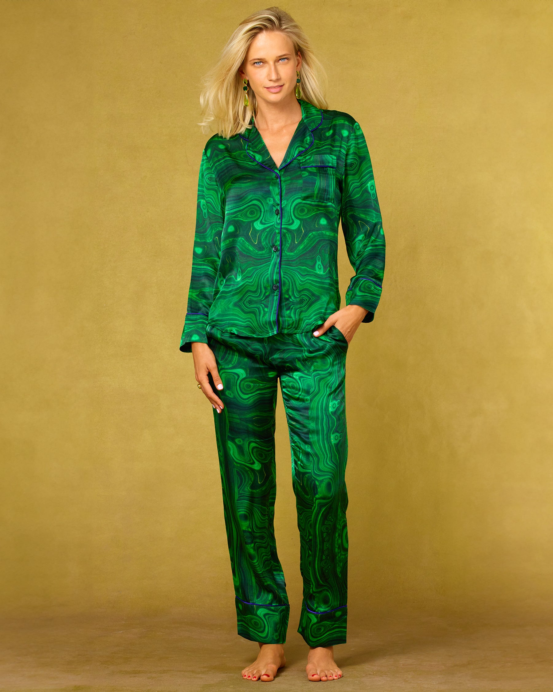 Fleur Washable Silk Pajamas in Precious Malachite-Front View