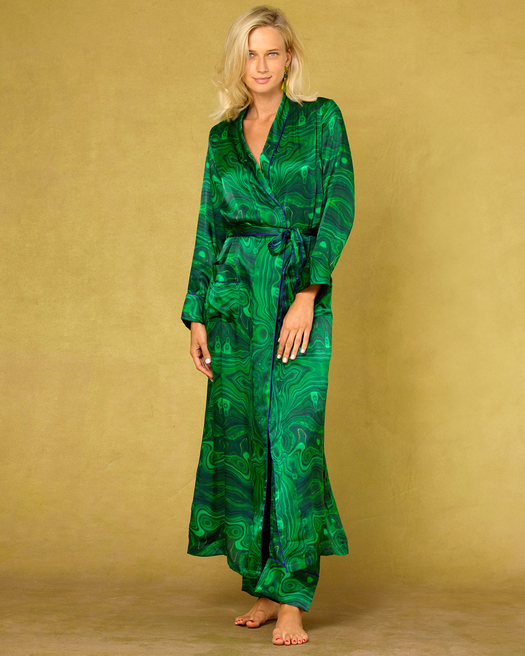 Fleur Washable Silk Robe in Precious Malachite-Front view