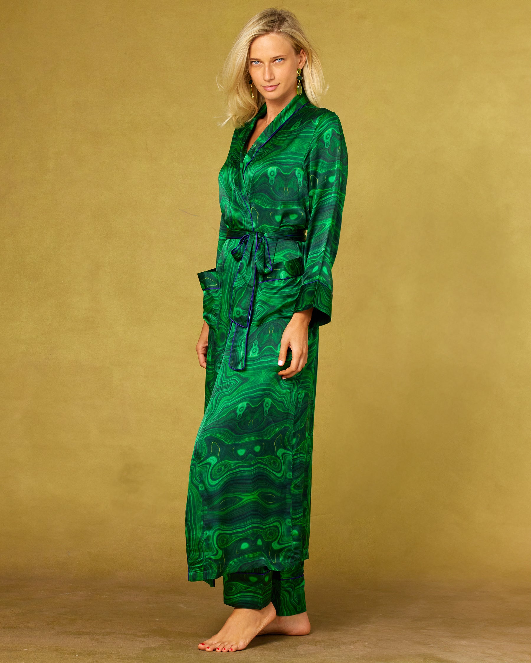 Fleur Washable Silk Robe in Precious Malachite-Side view