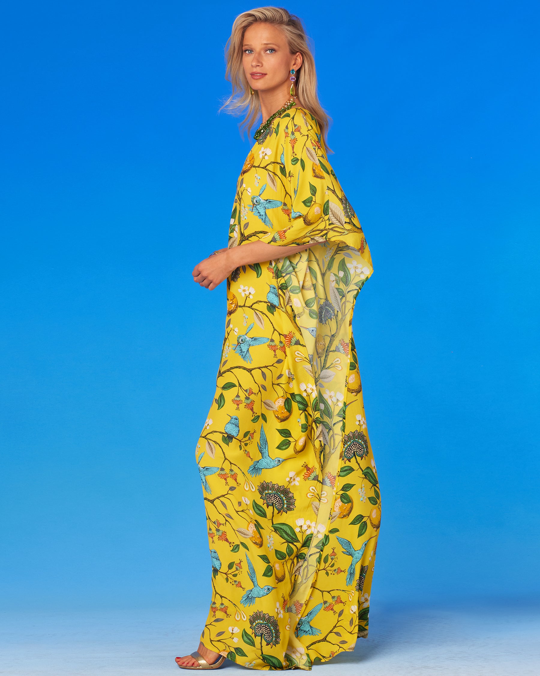 Flora Kaftan in Yellow Hummingbird Print-Side View