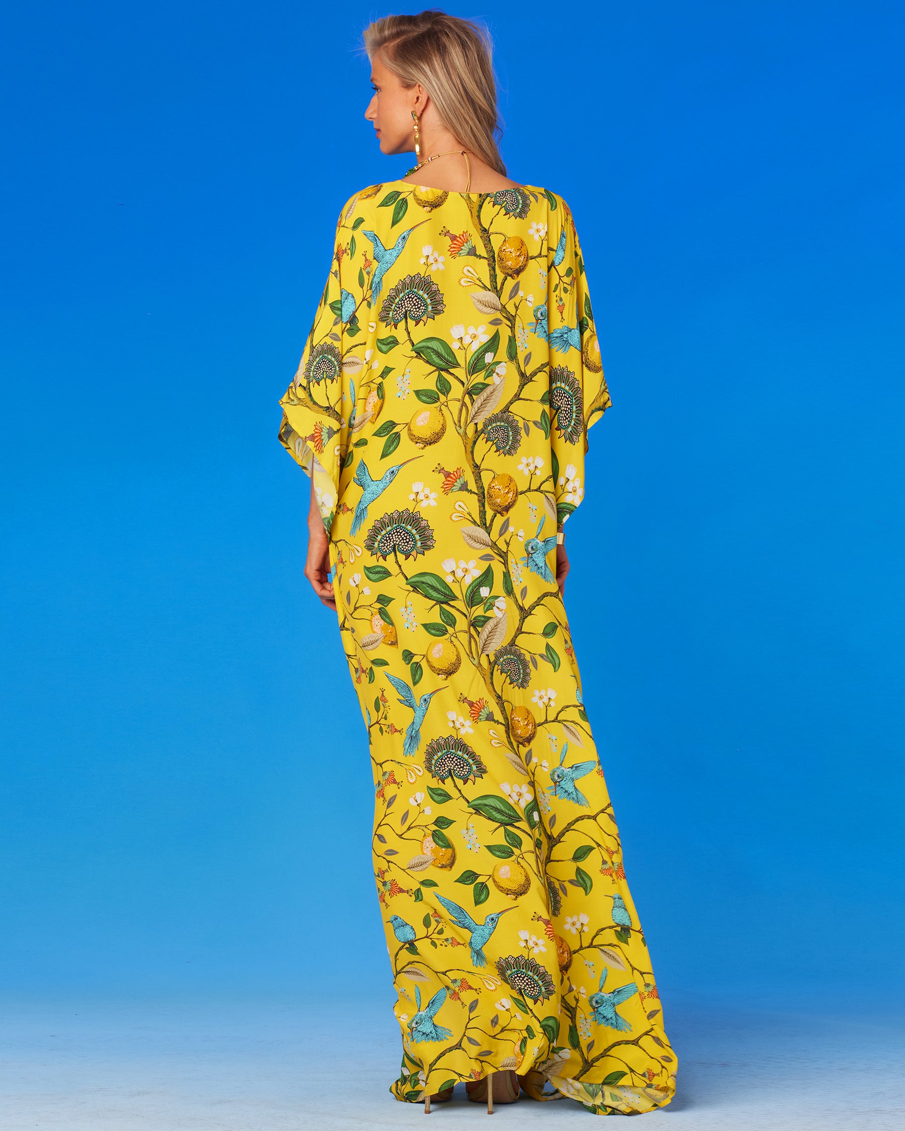 Flora Kaftan in Yellow Hummingbird Print-Back View