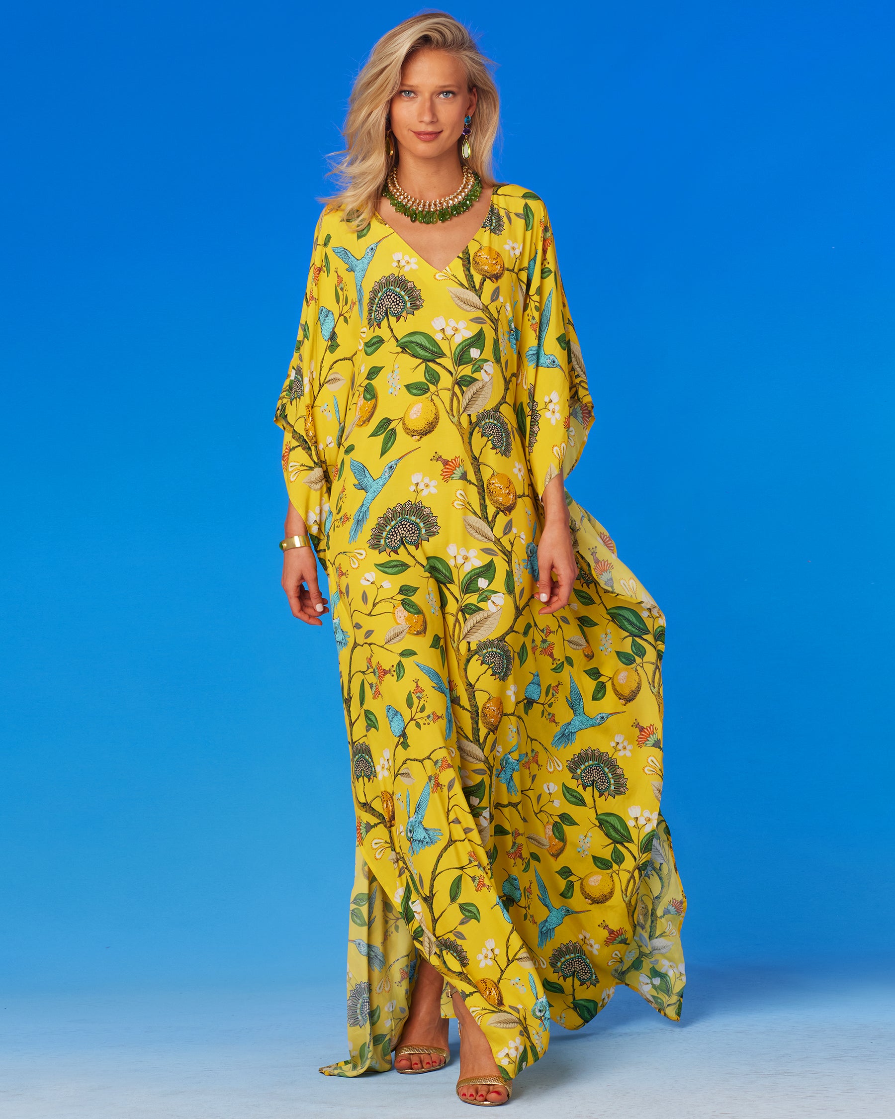 Flora Kaftan in Yellow Hummingbird Print-Front View