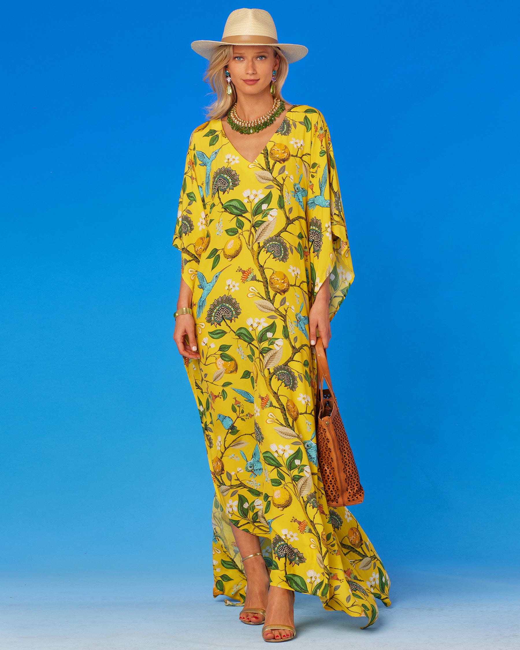 Flora Kaftan in Yellow Hummingbird Print-With Hat and Tote