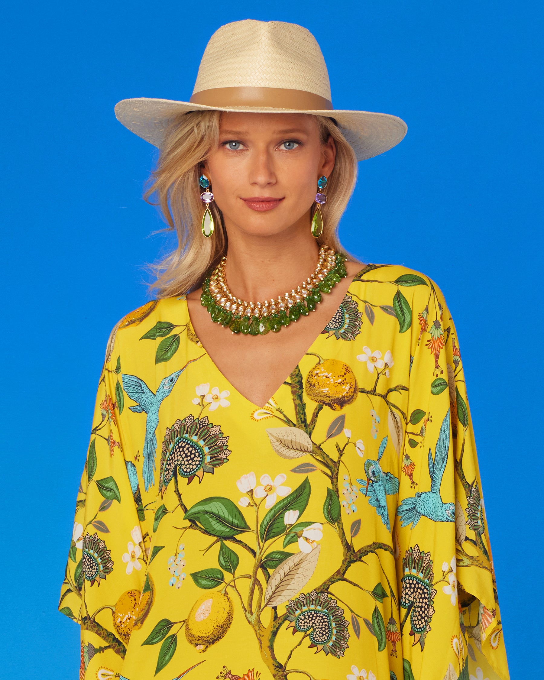 Flora Kaftan in Yellow Hummingbird Print-Portrait
