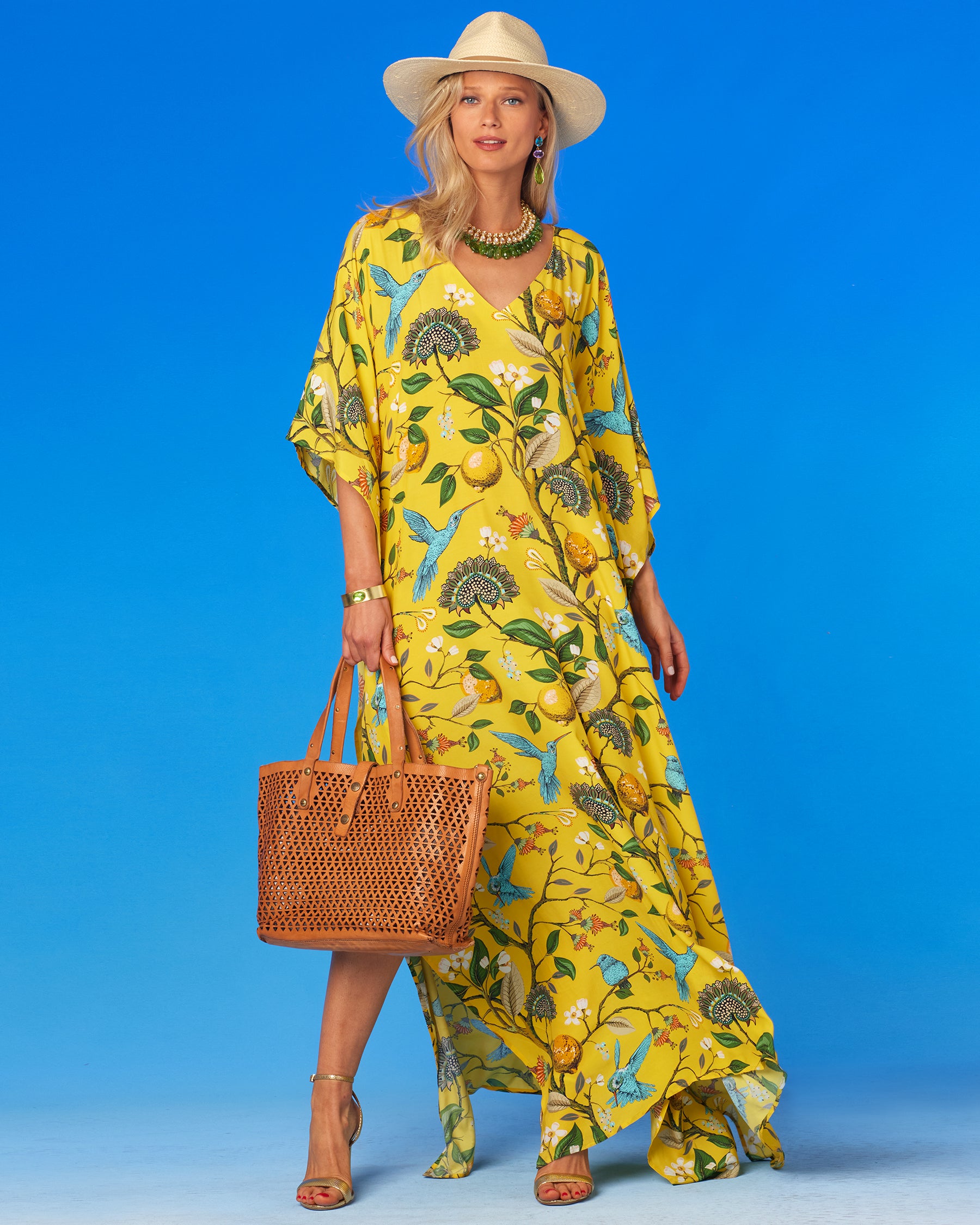 Flora Kaftan in Yellow Hummingbird Print-Slit Showing
