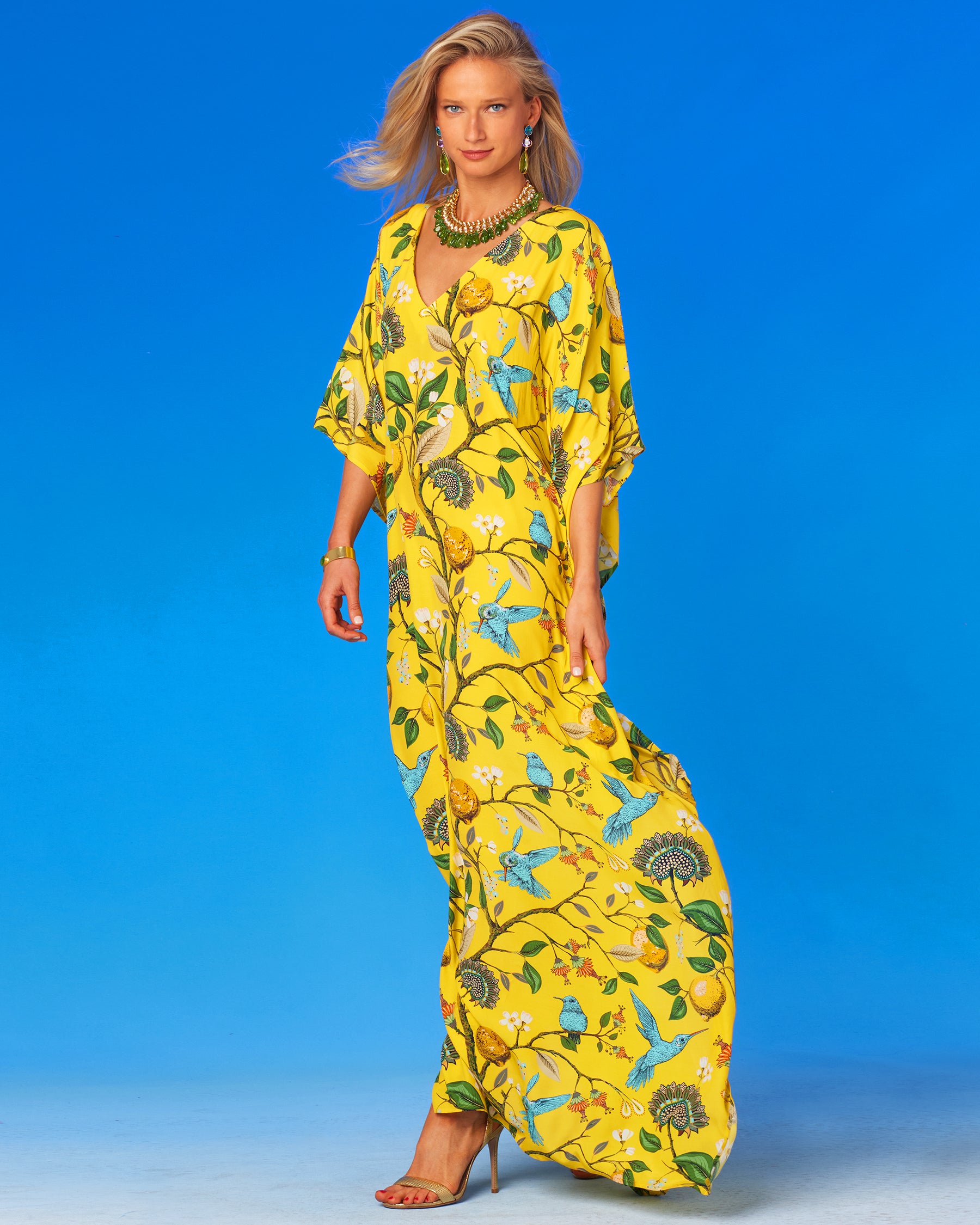 Flora Kaftan in Yellow Hummingbird Print-Walking