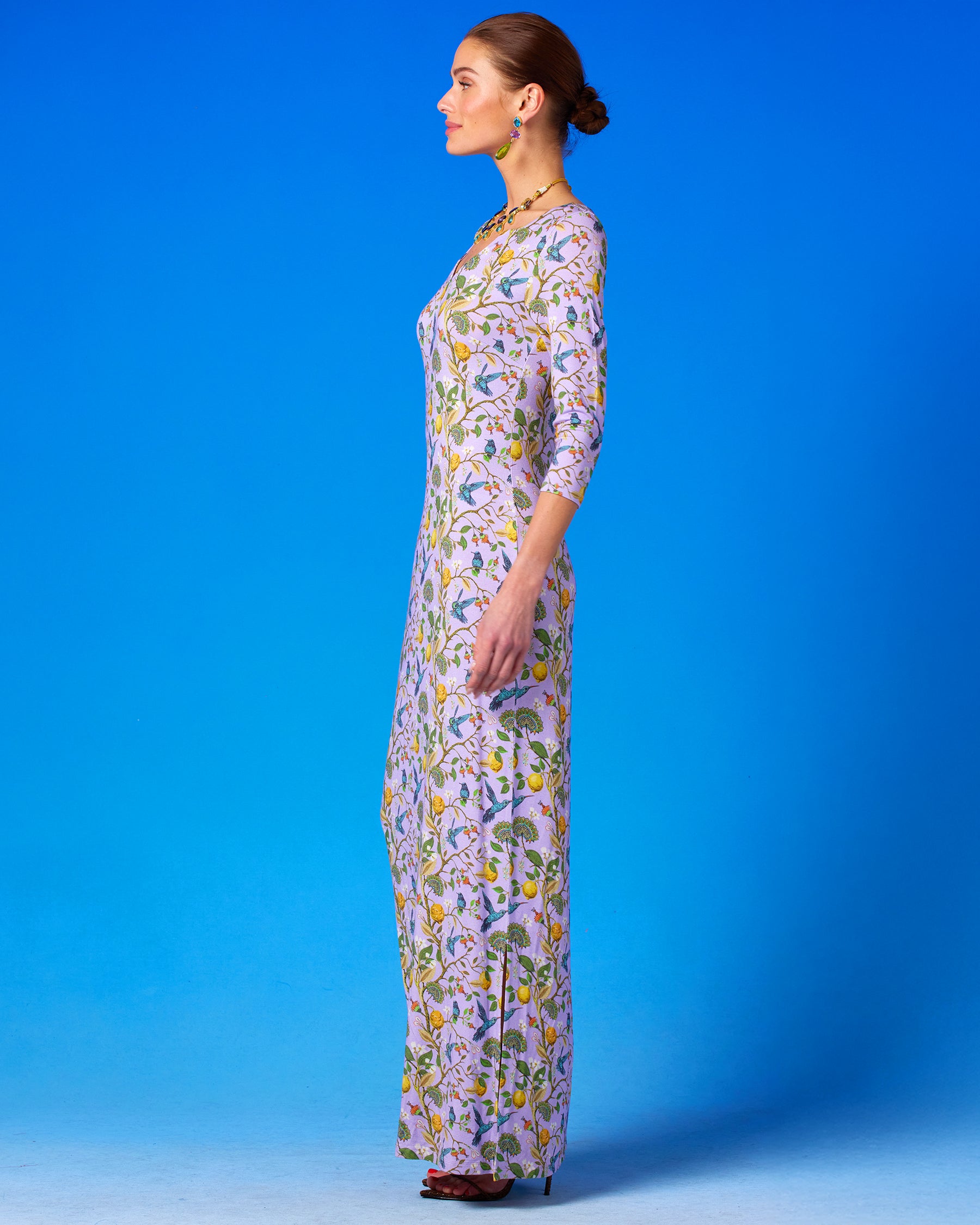 Flora Long Stretch Dress in Lavender Hummingbird Print side view