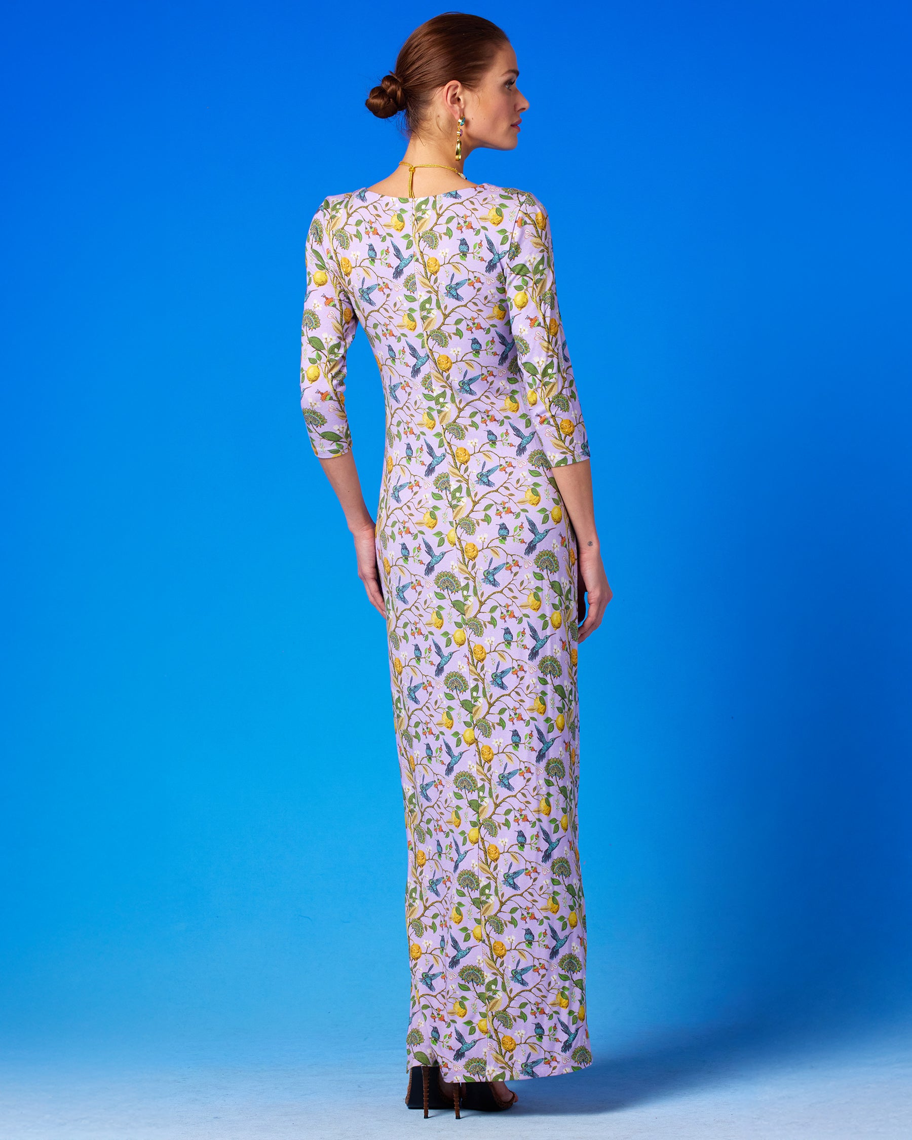 Flora Long Stretch Dress in Lavender Hummingbird Print back view