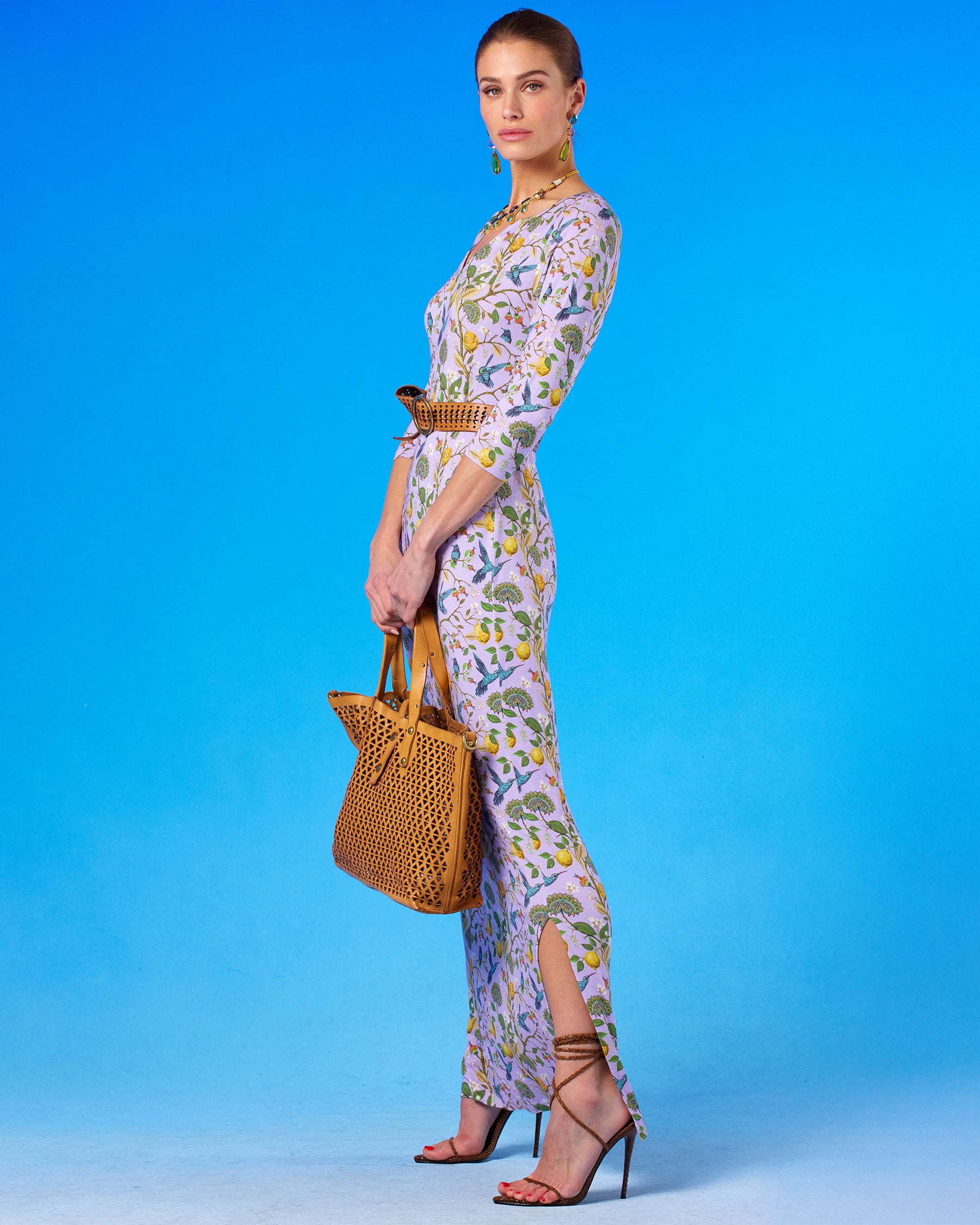 Flora Long Stretch Dress in Lavender Hummingbird Print side view
