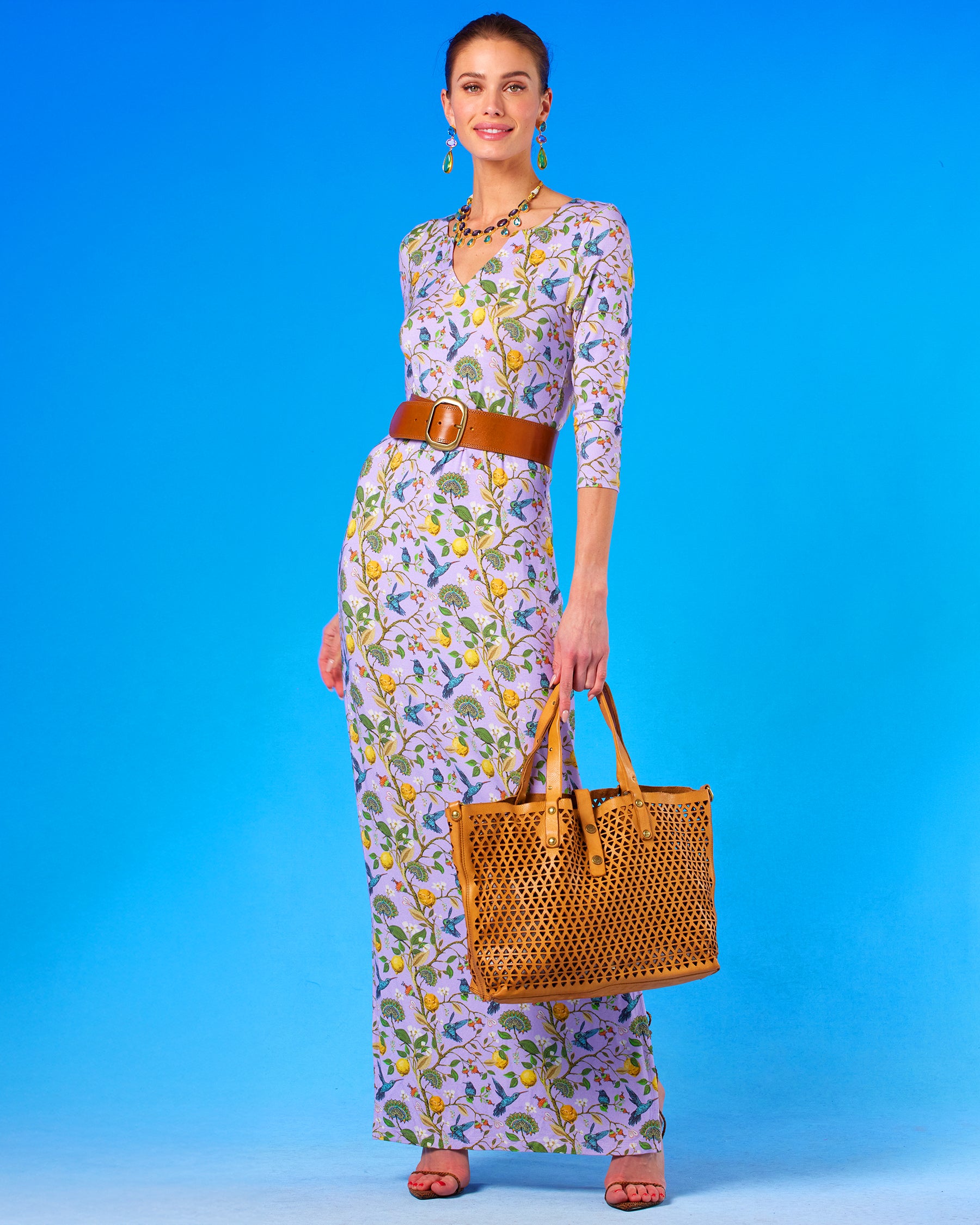 Flora Long Stretch Dress in Lavender Hummingbird Print