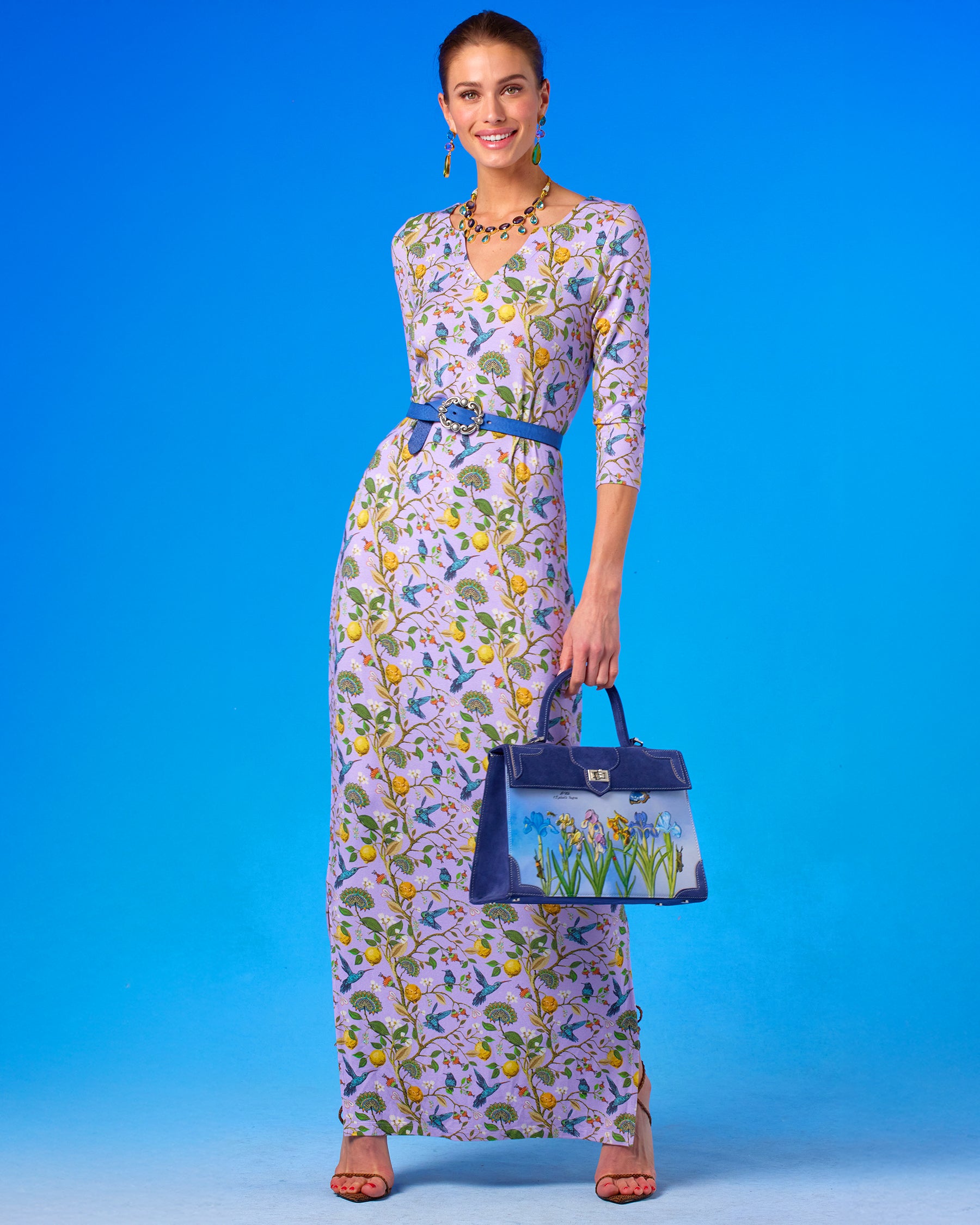 Flora Long Stretch Dress in Lavender Hummingbird Print front view