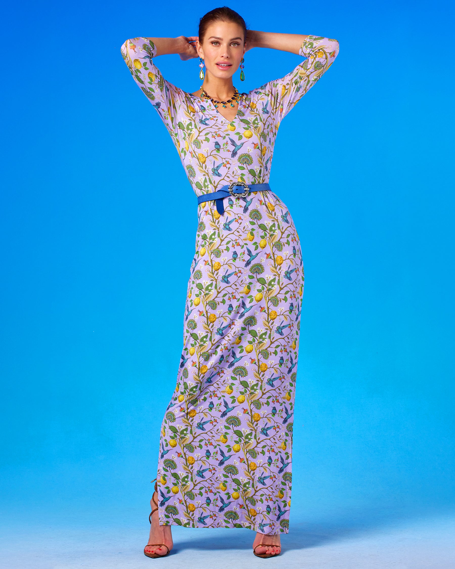 Flora Long Stretch Dress in Lavender Hummingbird Print with arms up