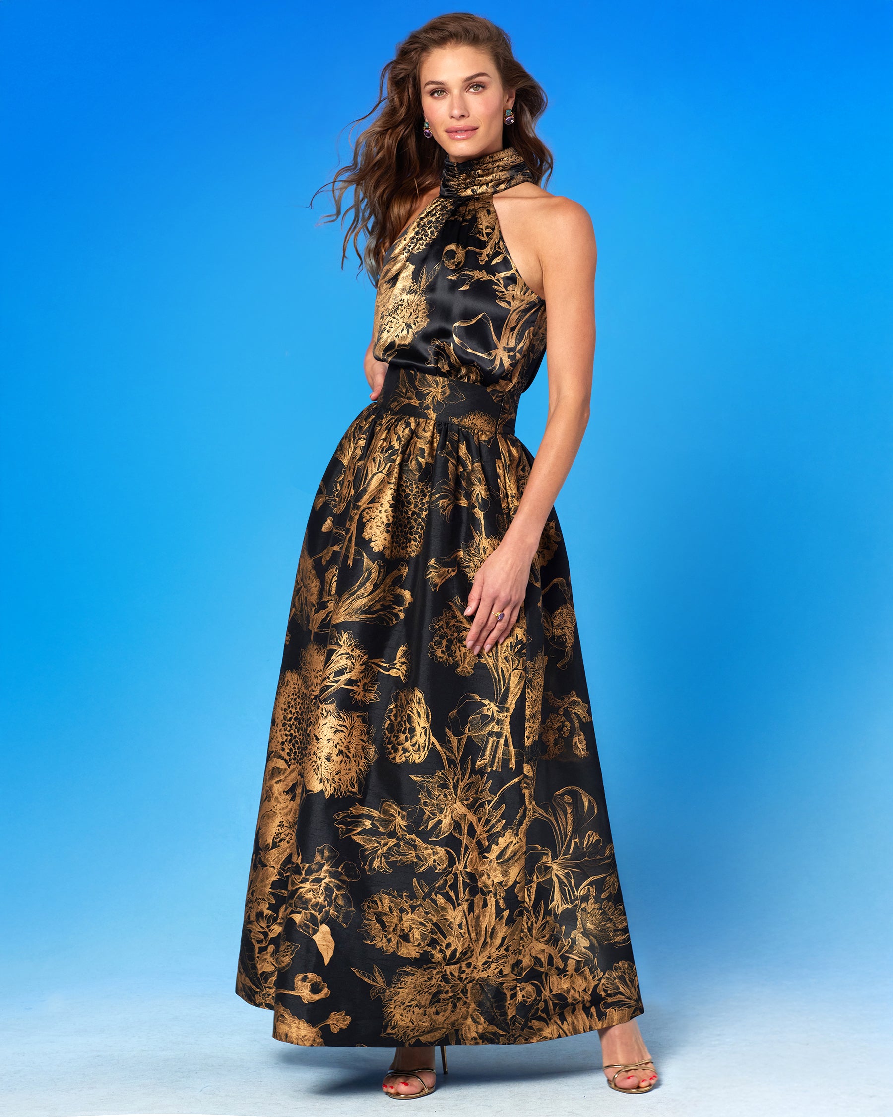 Florence Long Full Skirt in Black and Gold Floral Toile