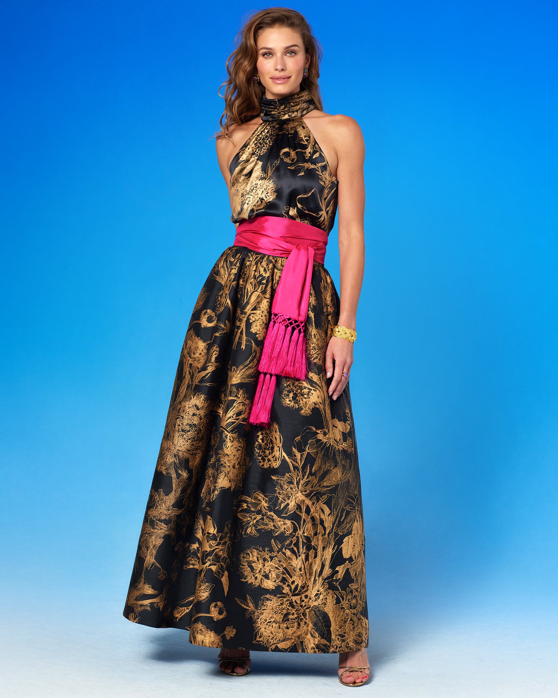 Cosima Sash Belt in Fuchsia Hot Pink worn with the Alessia Black Silk Halter Top and the Florence Long Full Skirt in Black and Gold Floral Toile