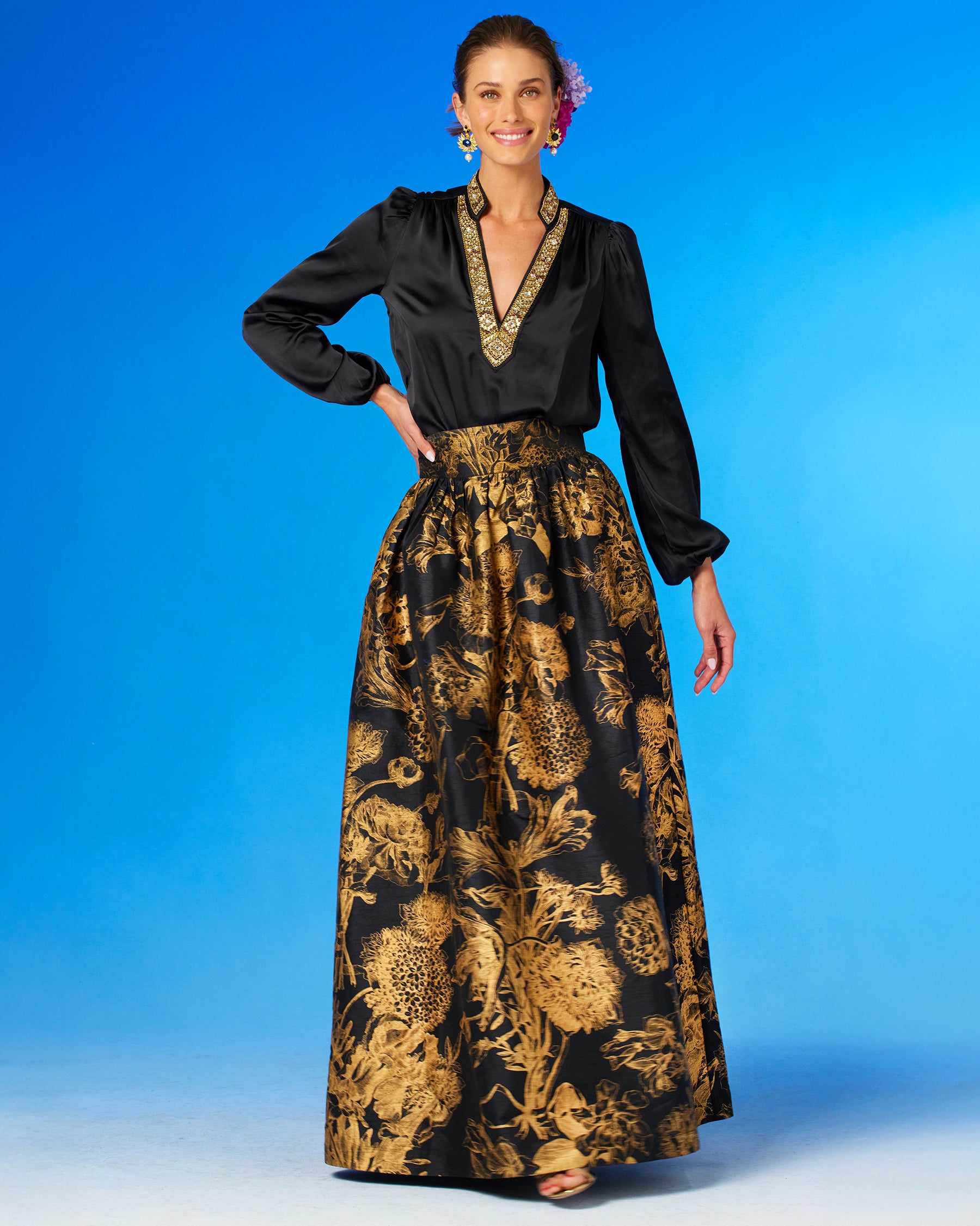 Anastasia Blouse in Black and Art Deco Embellishment worn with the Florence Long Full Skirt in Black and Gold Floral Toile