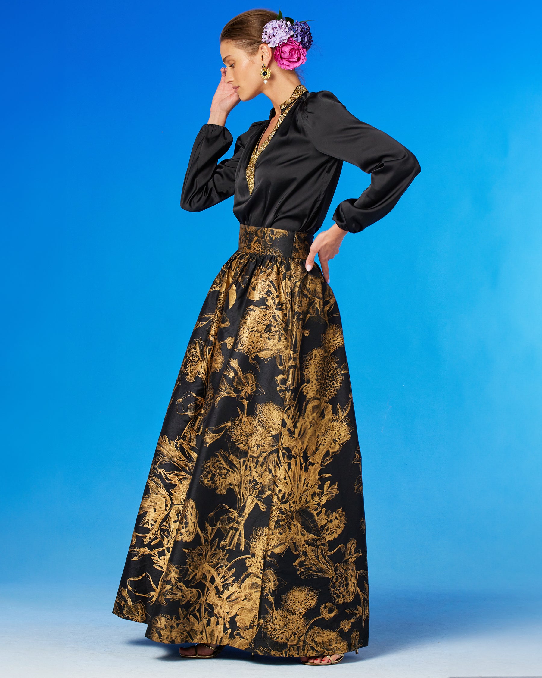 Florence Long Full Skirt in Black and Gold Floral Toile and the Anastasia Blouse-Side View