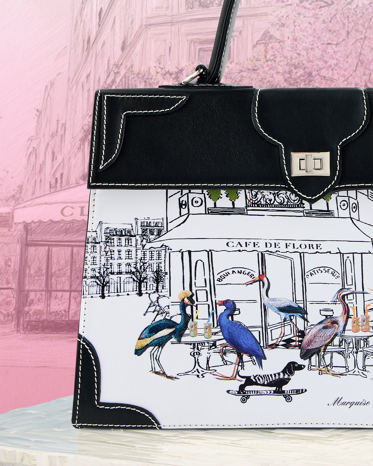 Detail view of the Marquise Paris Café de Flore Top Handle Shoulder Bag