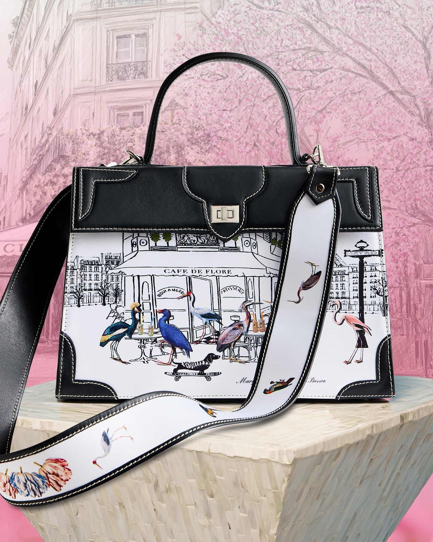 Front view with shoulder strap of the Marquise Paris Café de Flore Top Handle Shoulder Bag