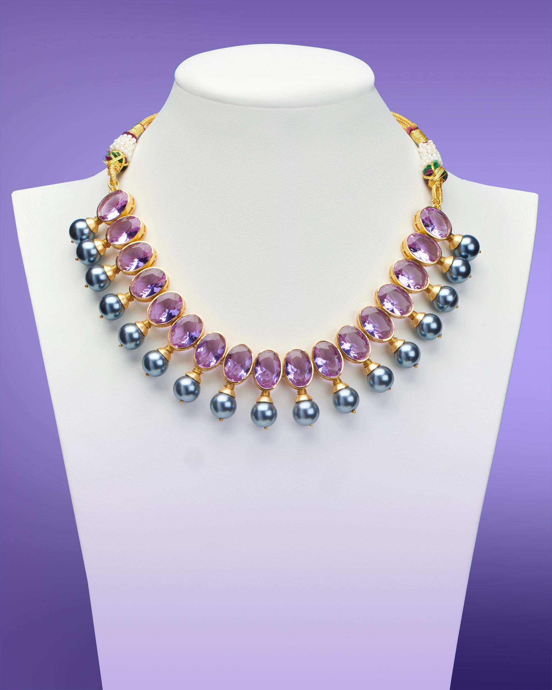 NicoBlu® Gia Statement Necklace in Amethyst Lavender and Black Pearls