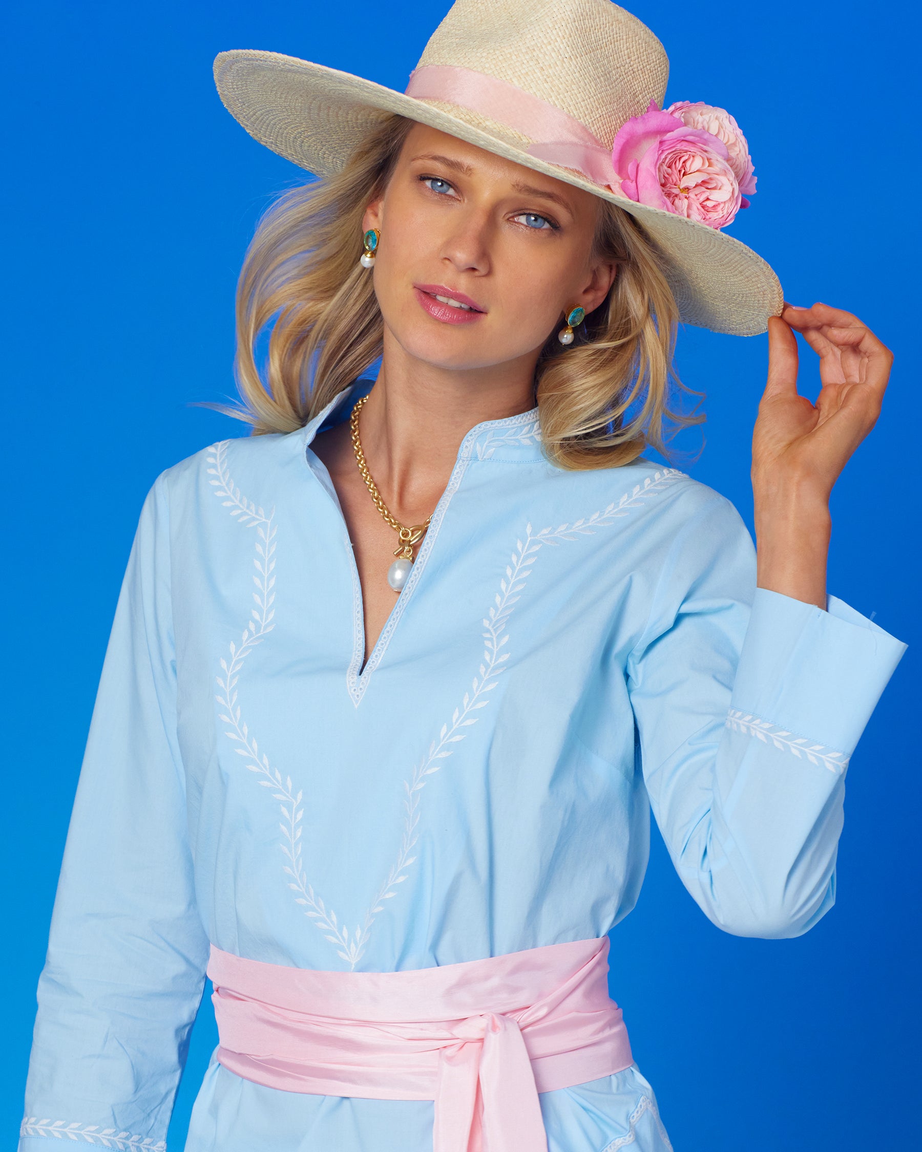 Grace Tunic in Robin Egg Blue and Laurel Embroidery-Portrait