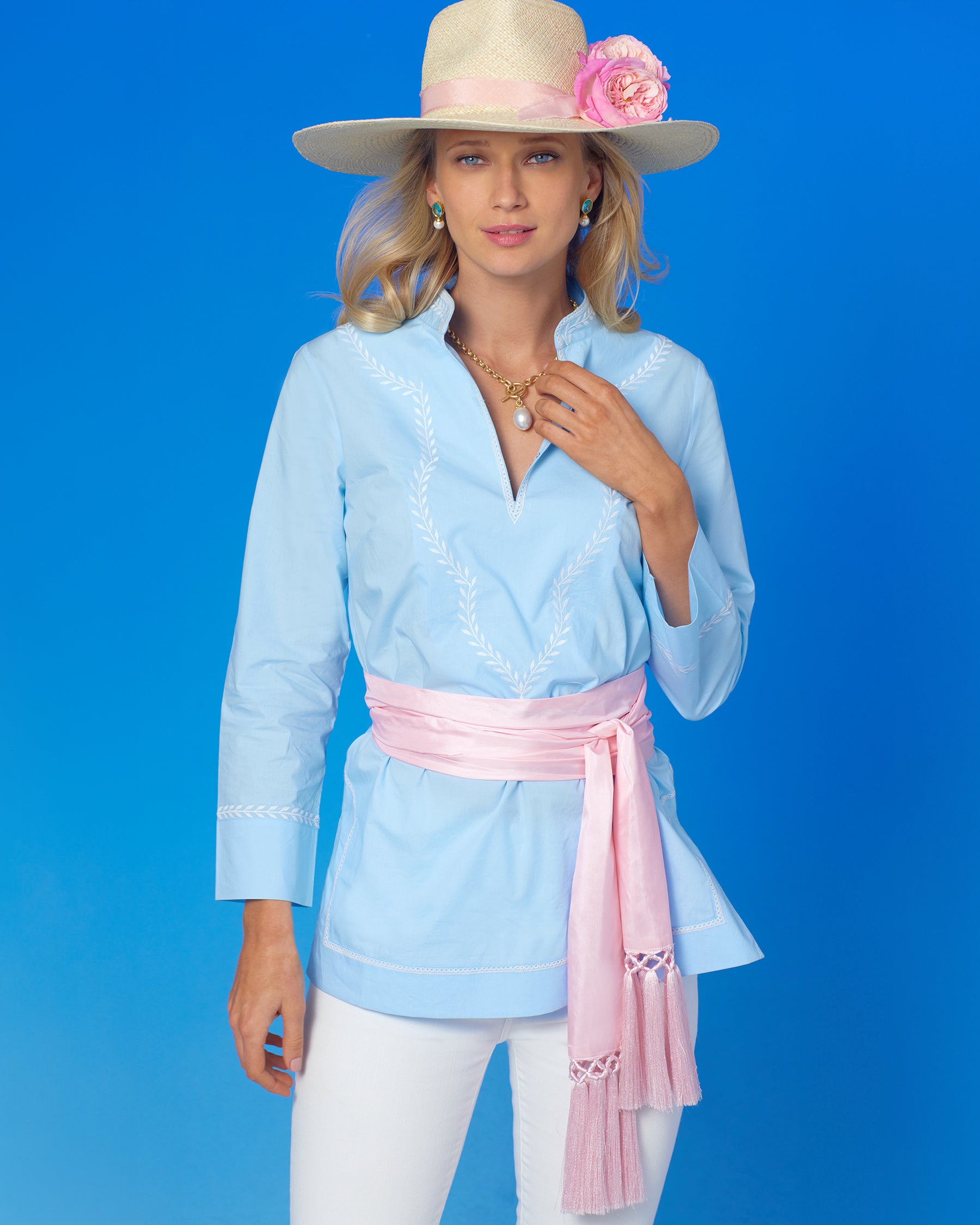 Grace Tunic in Robin Egg Blue and Laurel Embroidery-Front view