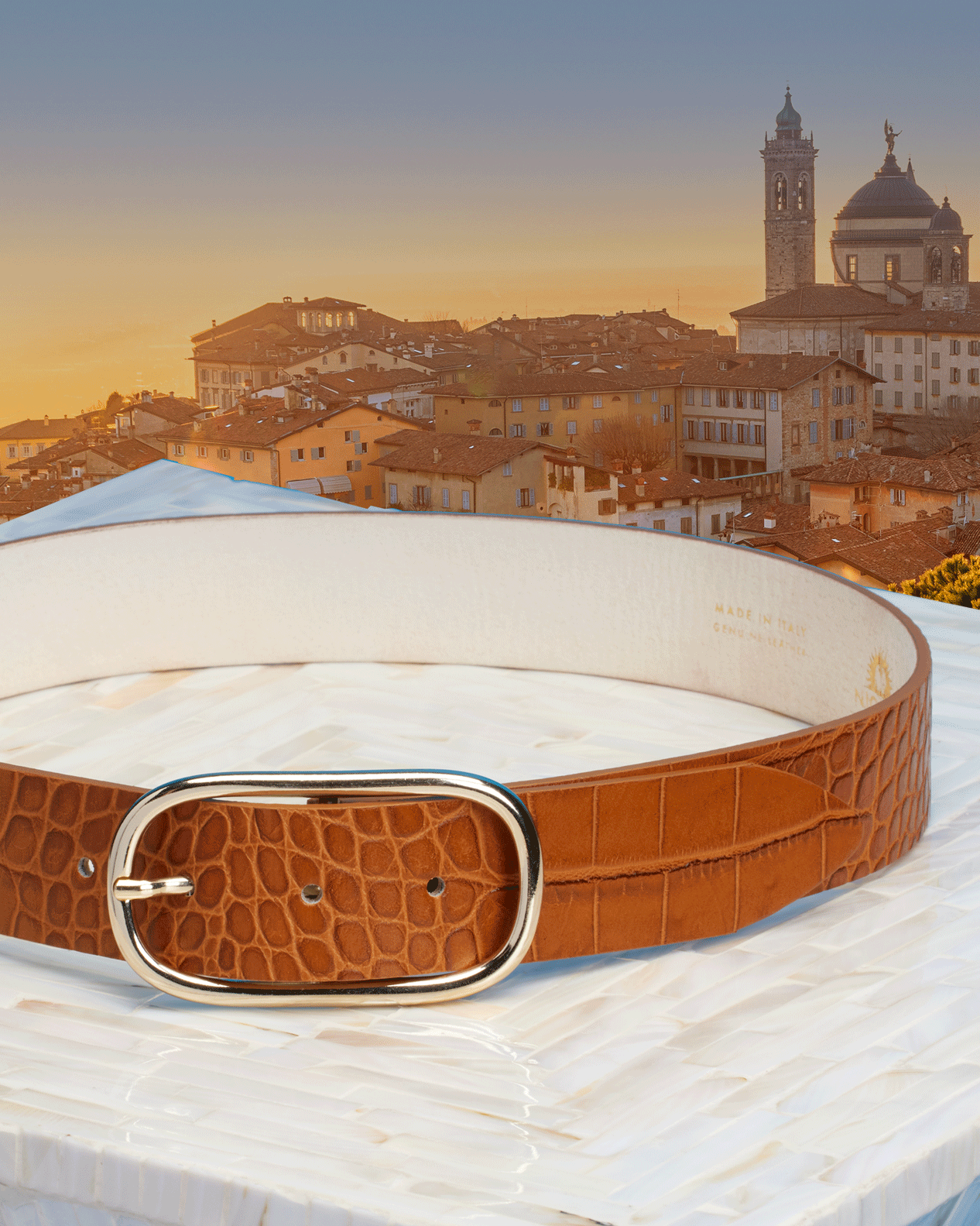 NicoBlu® Greer Croc-Embossed Leather Belt in Honey Tan