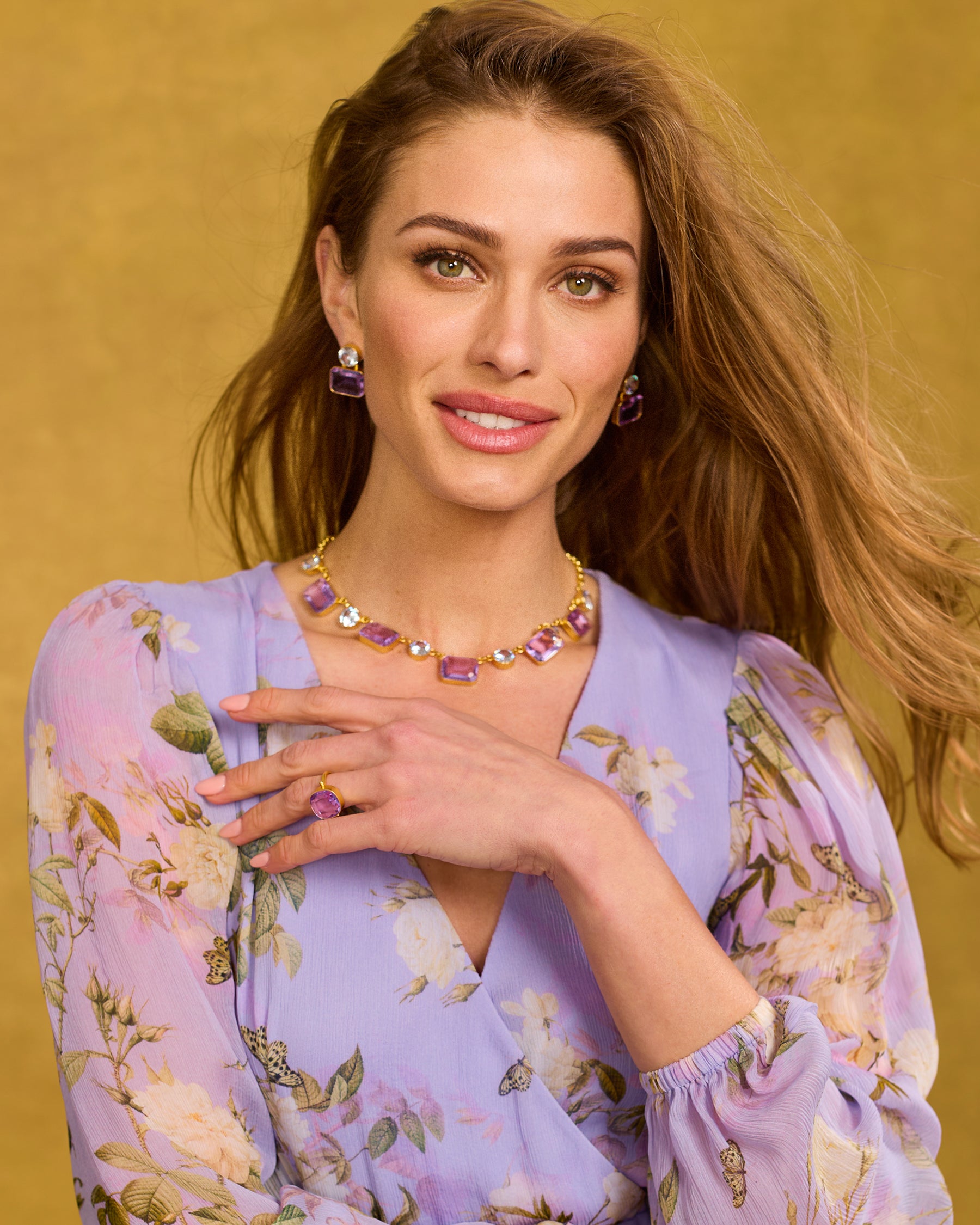 Leticia Octagonal Earrings in Lavender Amethyst worn with the Angelina Maxi Chiffon Dress in English Garden