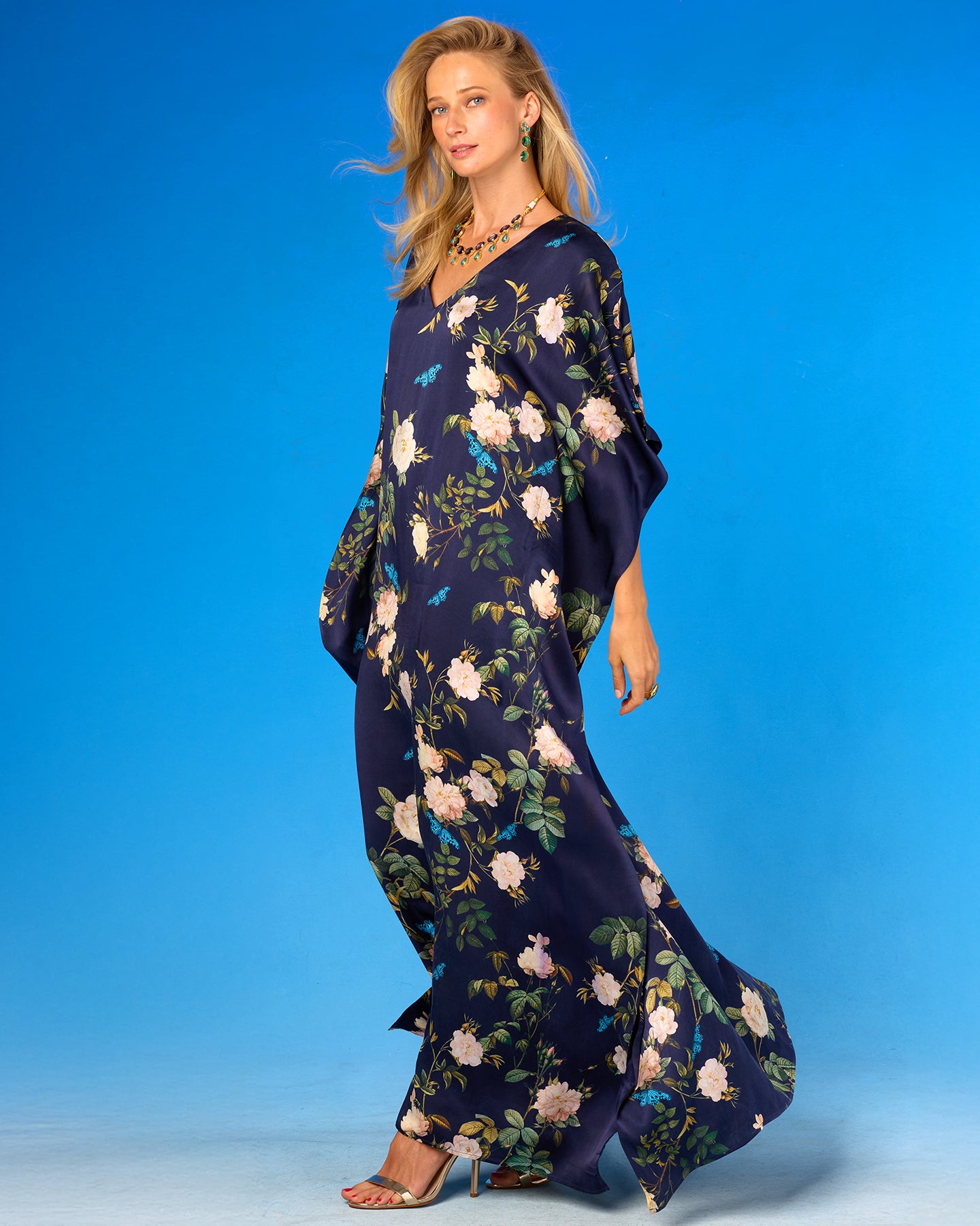 Gwendolyn Silk Kaftan in Navy English Garden side view