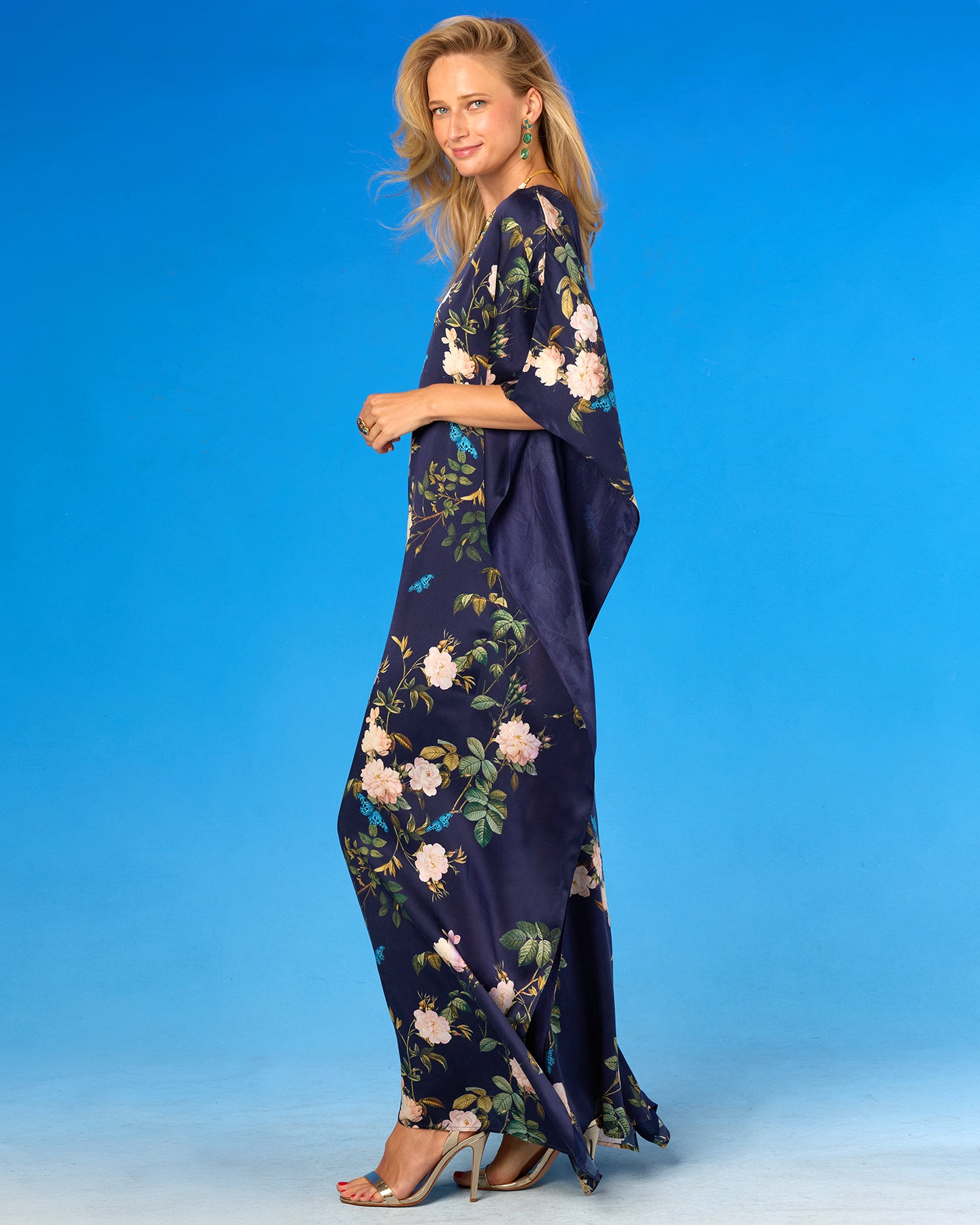 Gwendolyn Silk Kaftan in Navy English Garden side view with hands up