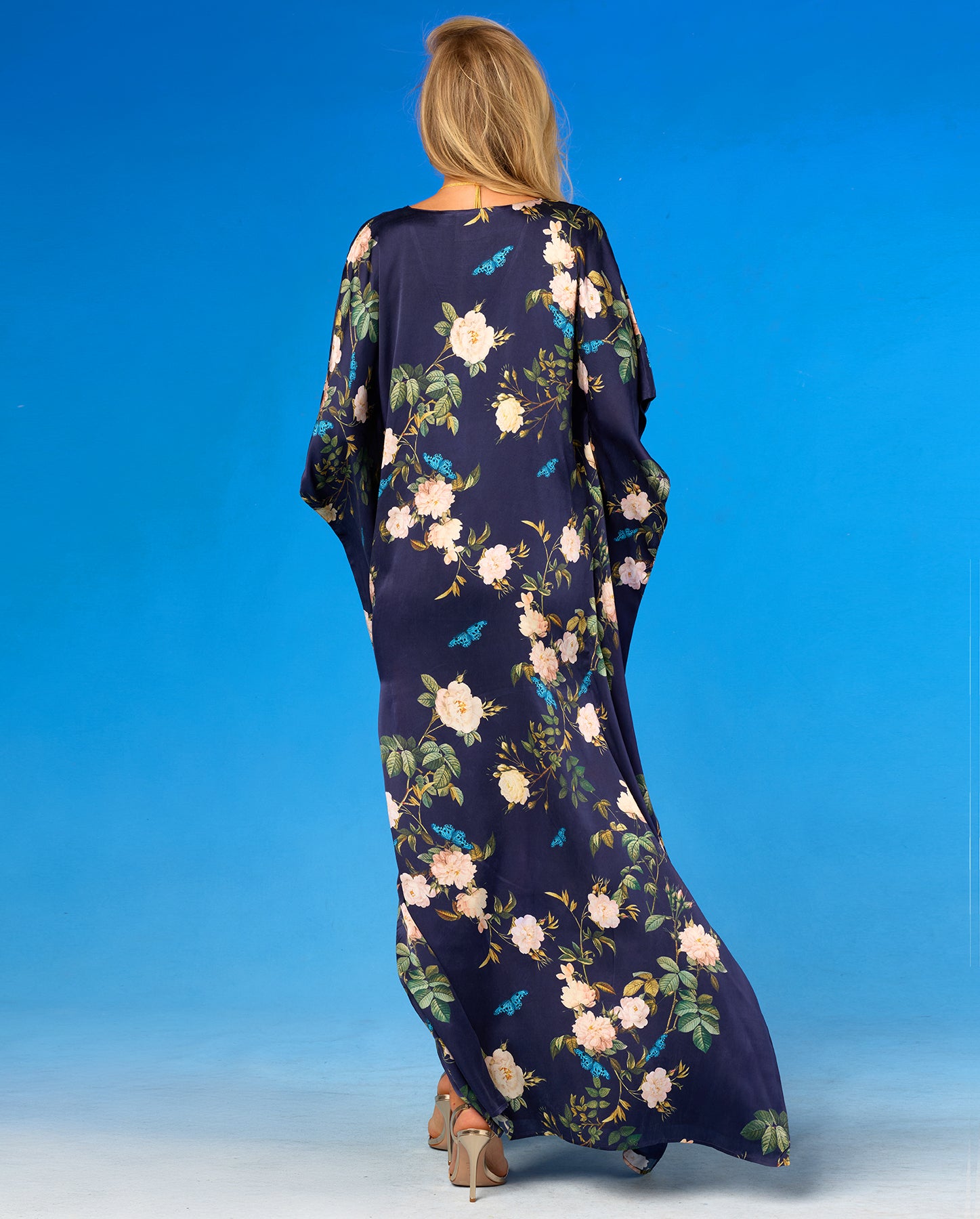 Gwendolyn Silk Kaftan in Navy English Garden back view