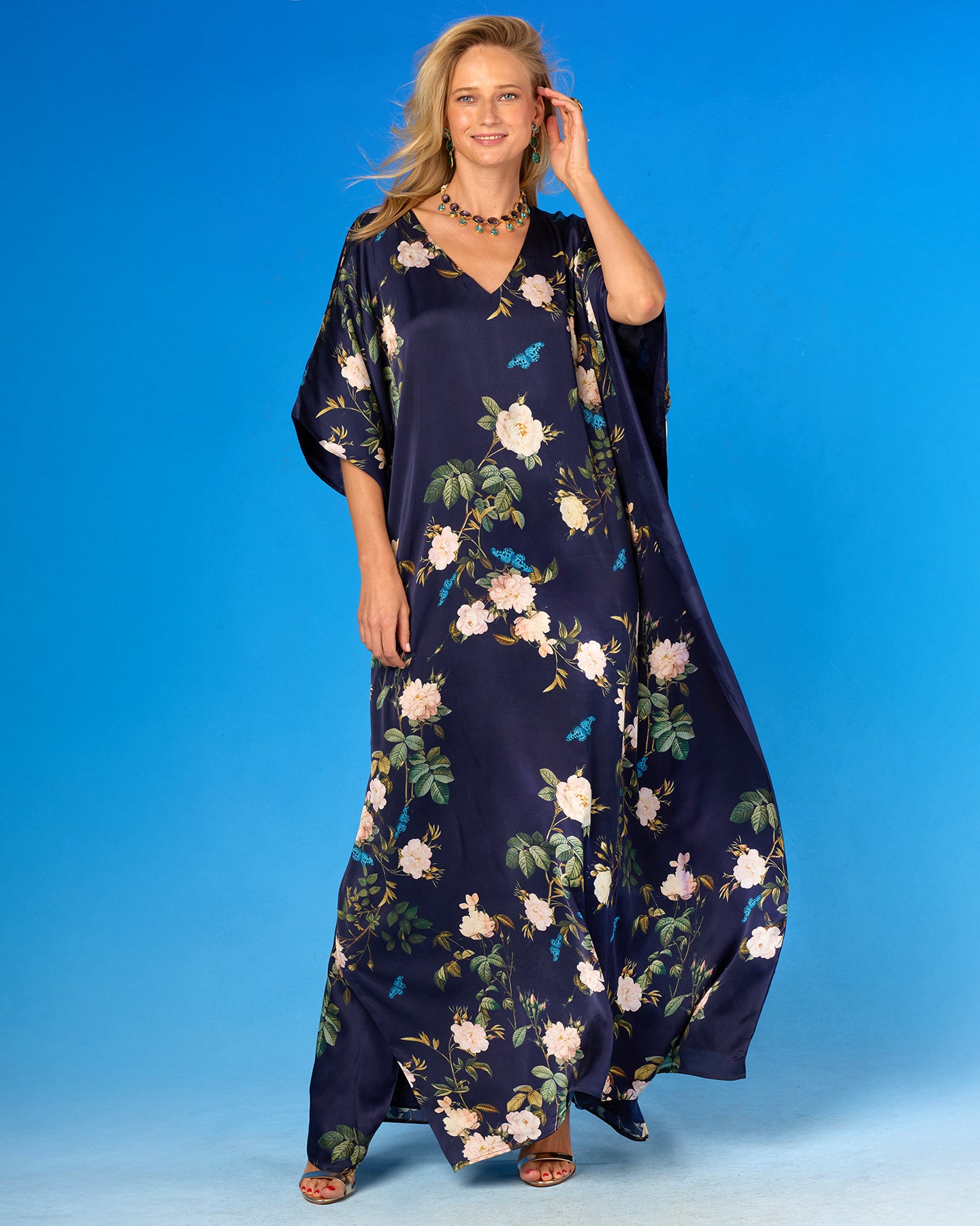 Gwendolyn Silk Kaftan in Navy English Garden front view