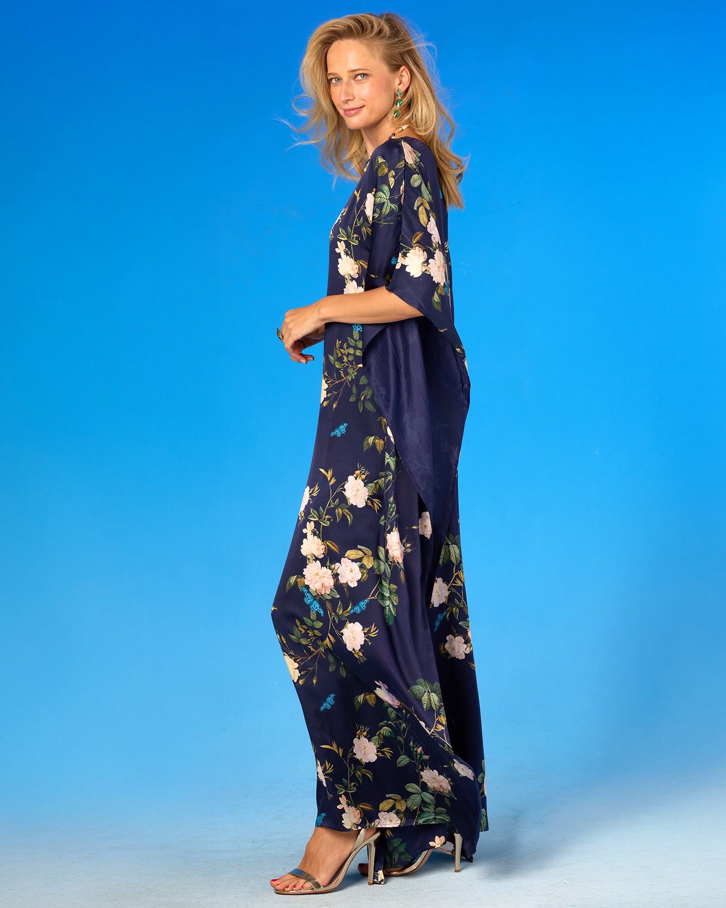 Gwendolyn Silk Kaftan in Navy English Garden side view