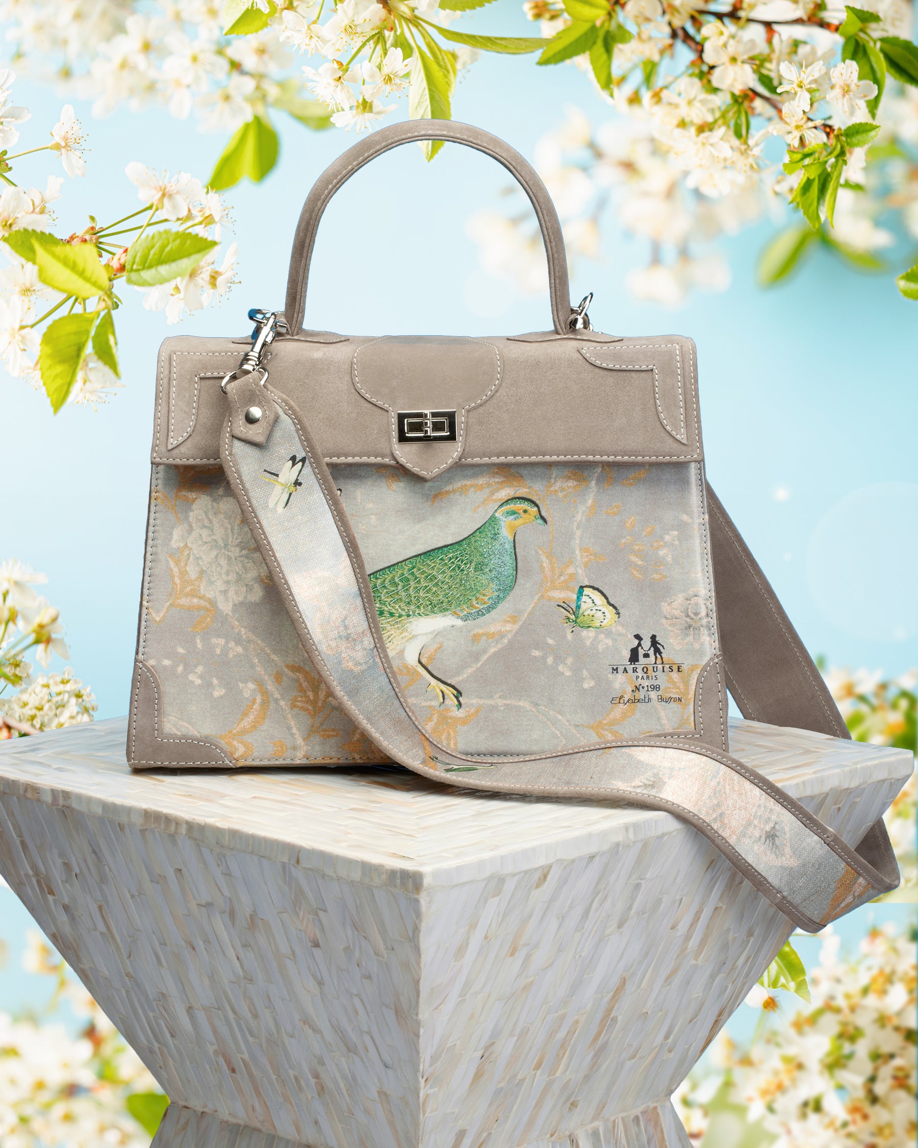 Marquise Paris Marquise Le Perdreau Top Handle Shoulder Bag in Sand-Front View with Shoulder Strap