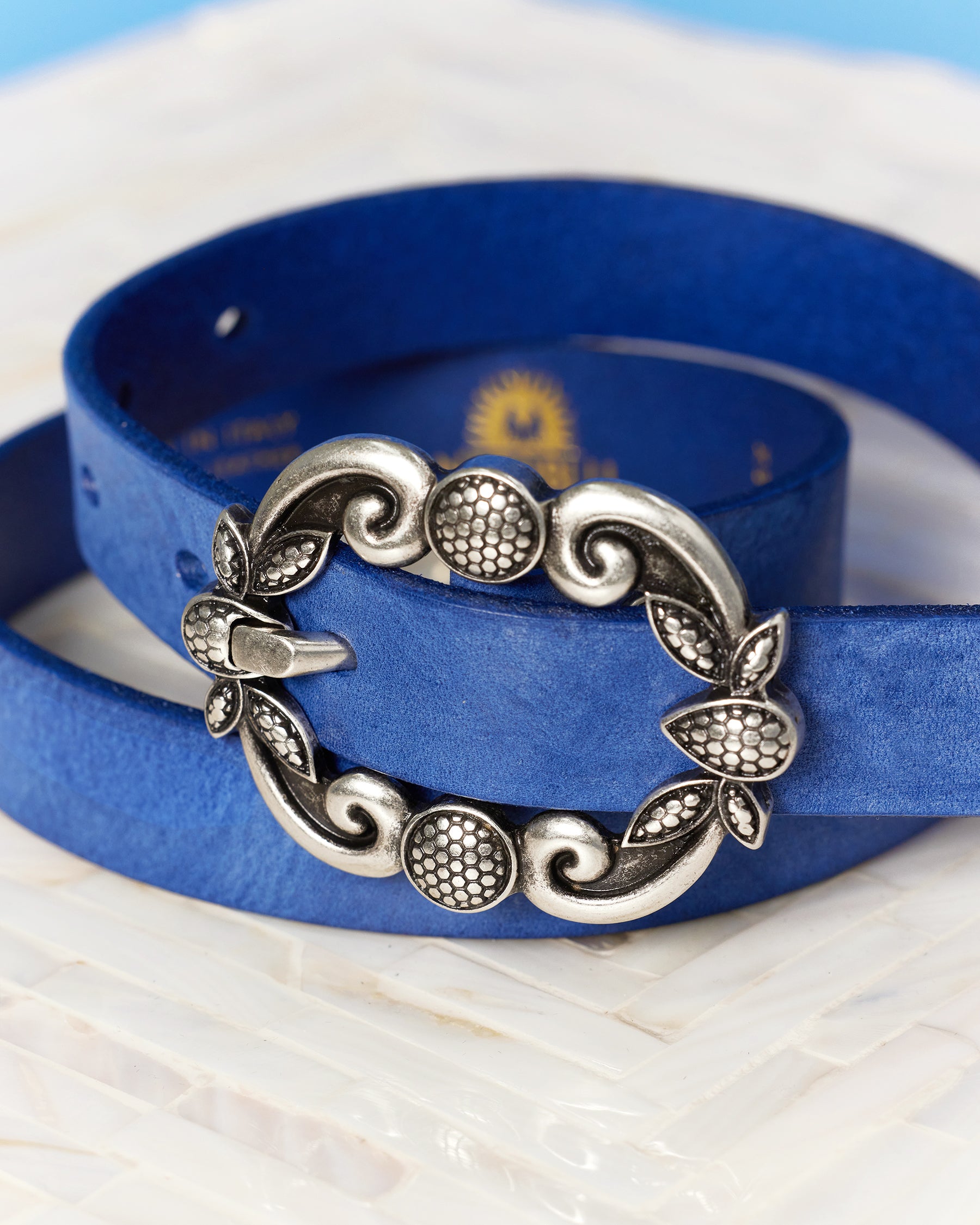 Harper Leather Belt in Indigo Blue-Closeup of Buckle Detail