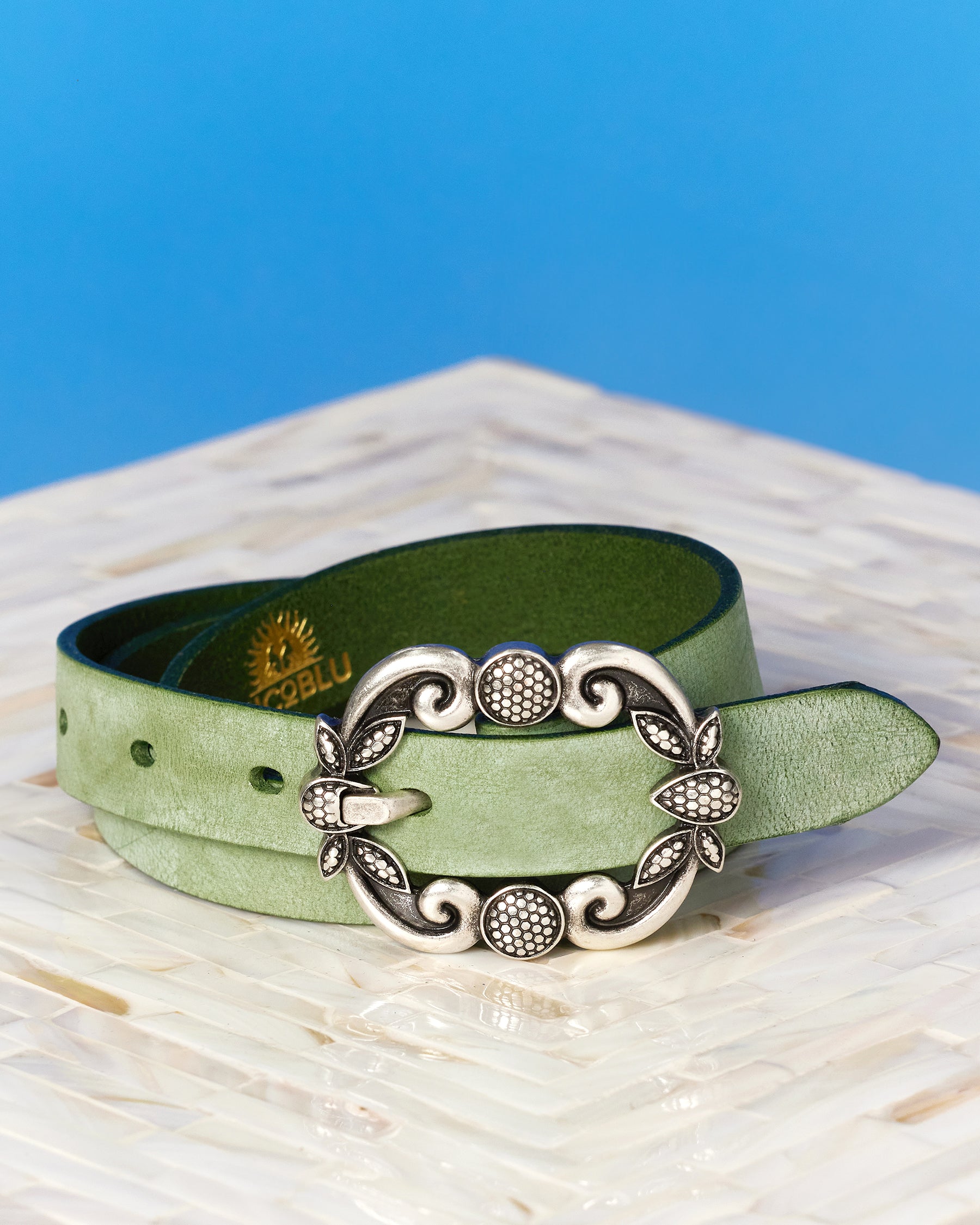 Harper Leather Belt in Sage-Displayed as a still life