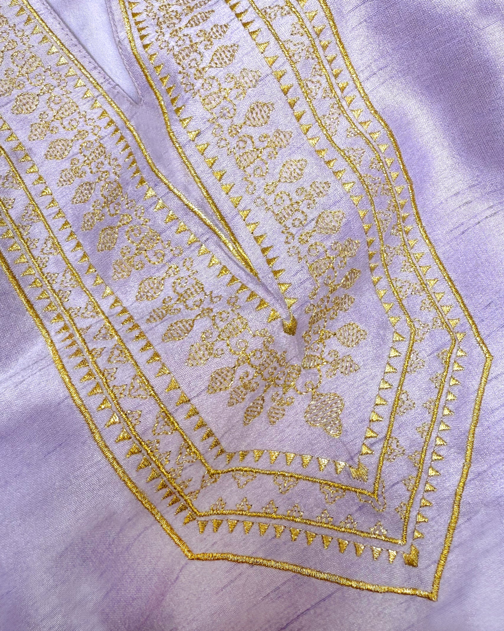 Regine Long Tunic Dress in Lavender and Gold Embroidery detail