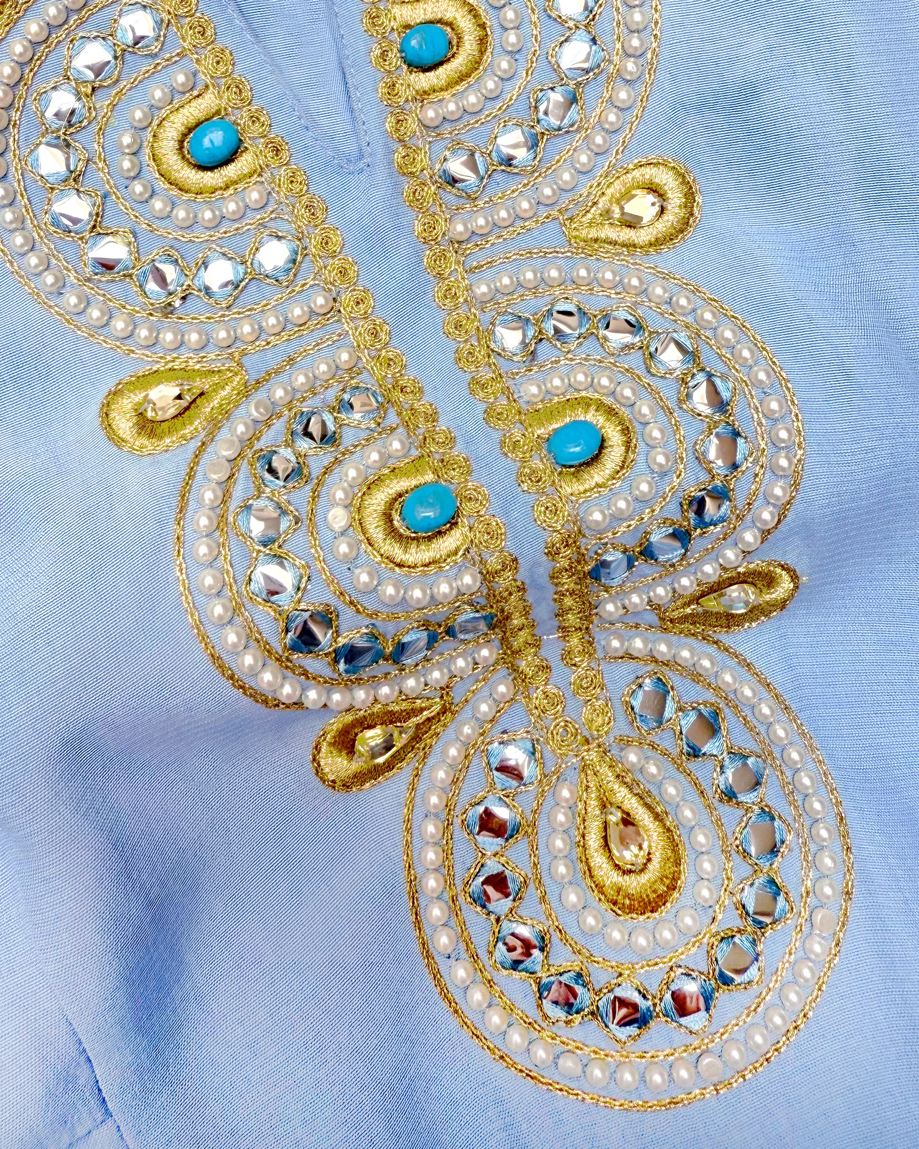 Noor Long Tunic Dress in Robin Egg Blue with Gold Embellishment detail