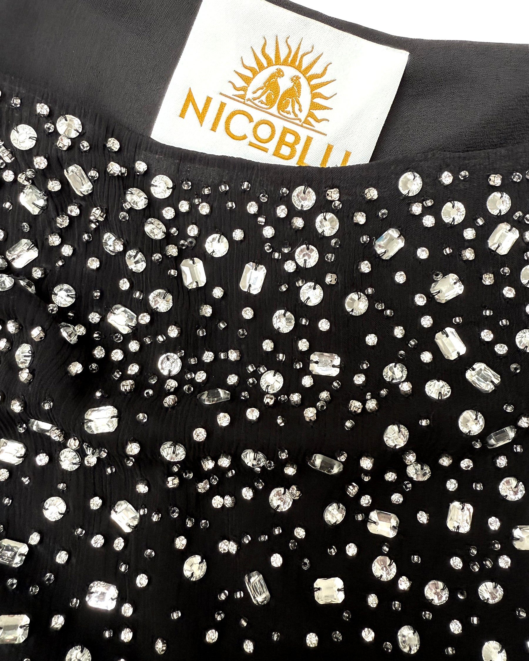 Luna Chiffon Kaftan in Rhinestones and Black detail of rhinestone embellishment