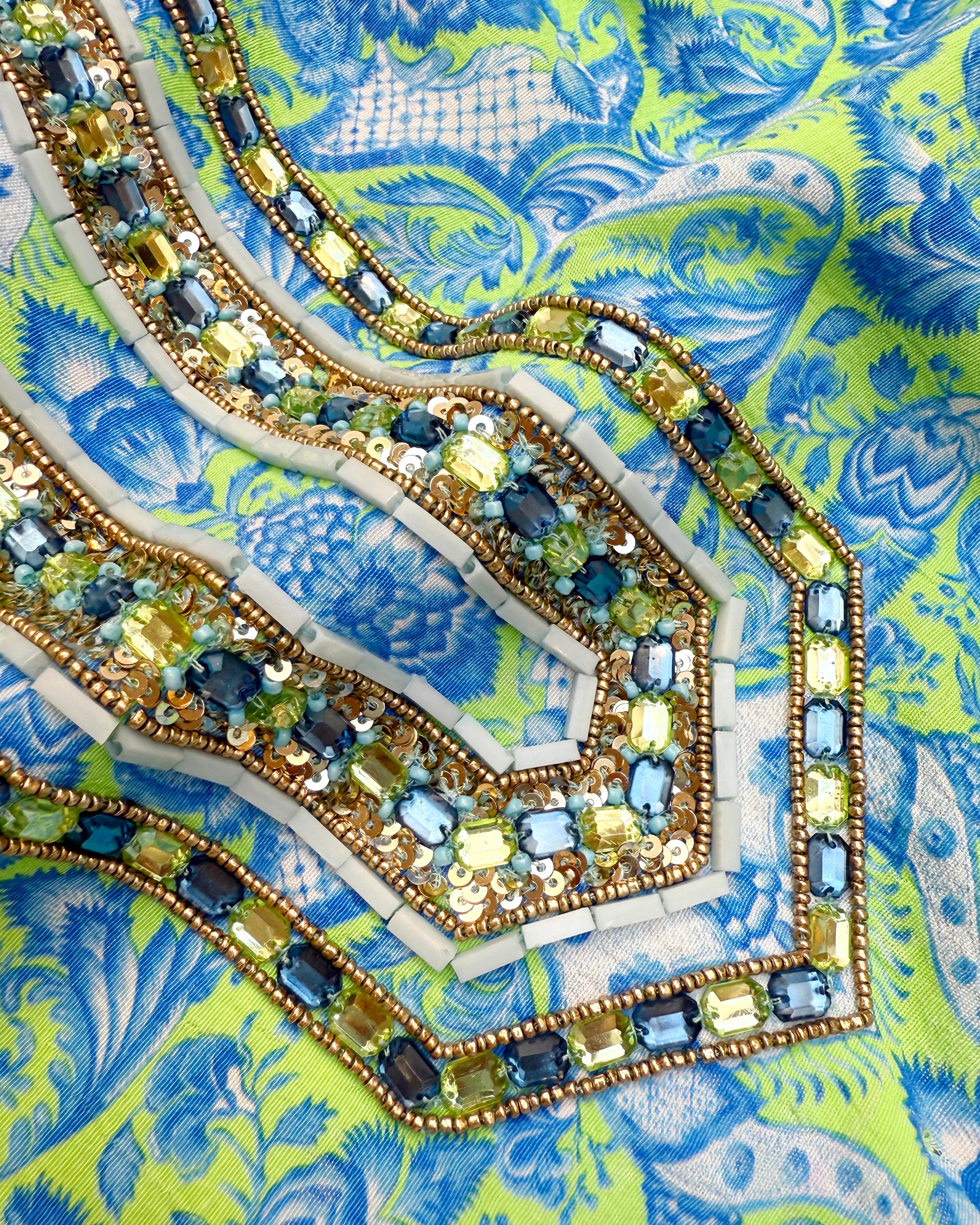 Shalimar Long Tunic Dress with Turquoise on Mint Julep Jewel Embellishment detail of embellishment