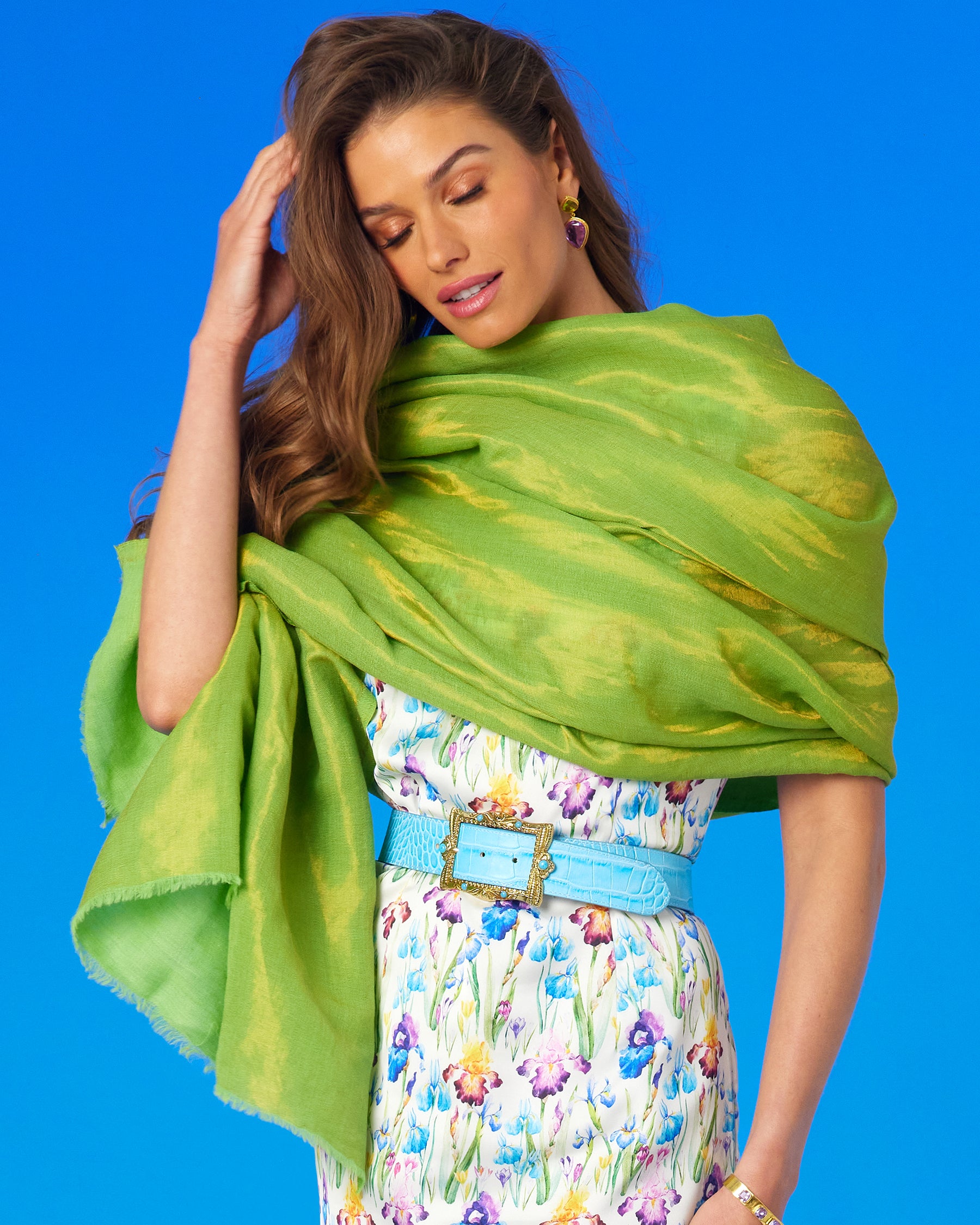 Blair Leather Belt in Croc-Embossed Turquoise wotn with the Iris Sheath Dress in Elysian Meadow and the Josephine Reversible Pashmina Shawl in Gold Shimmer Lime