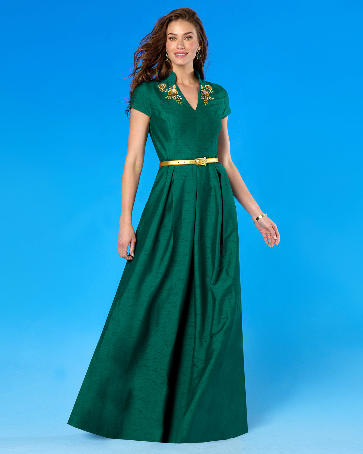 Isabella Cap-Sleeve Gown in Emerald Green Front View